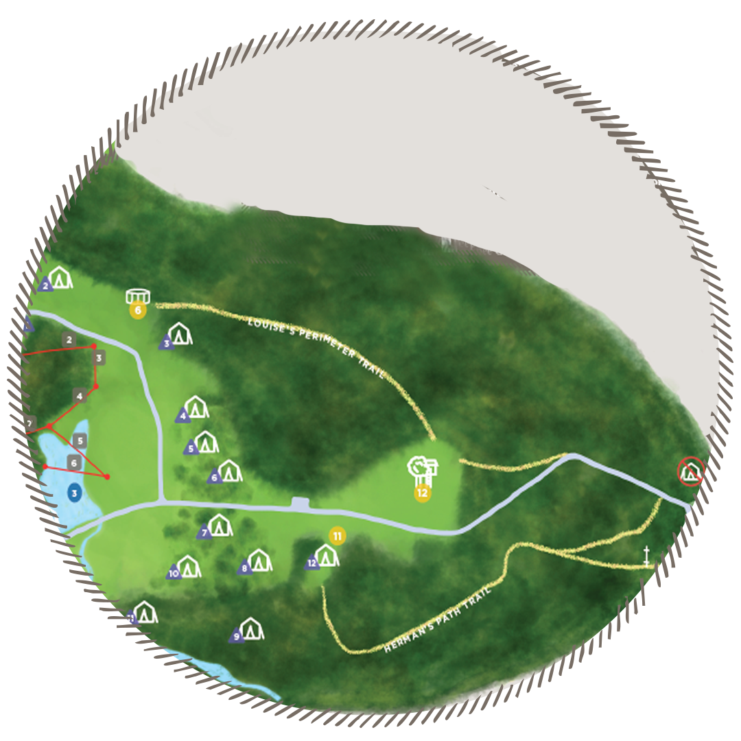 A detailed park map showing camping sites, trails, and points of interest.