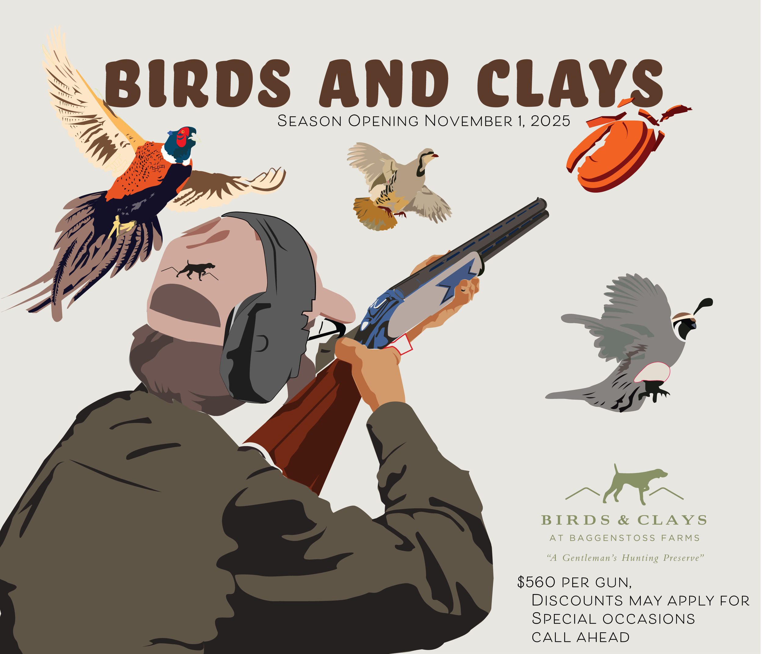 Promotional poster for Birds and Clays at Baggensoss Farms, opening November 1, 2025, featuring illustrated hunters and birds, with details about pricing and event information.