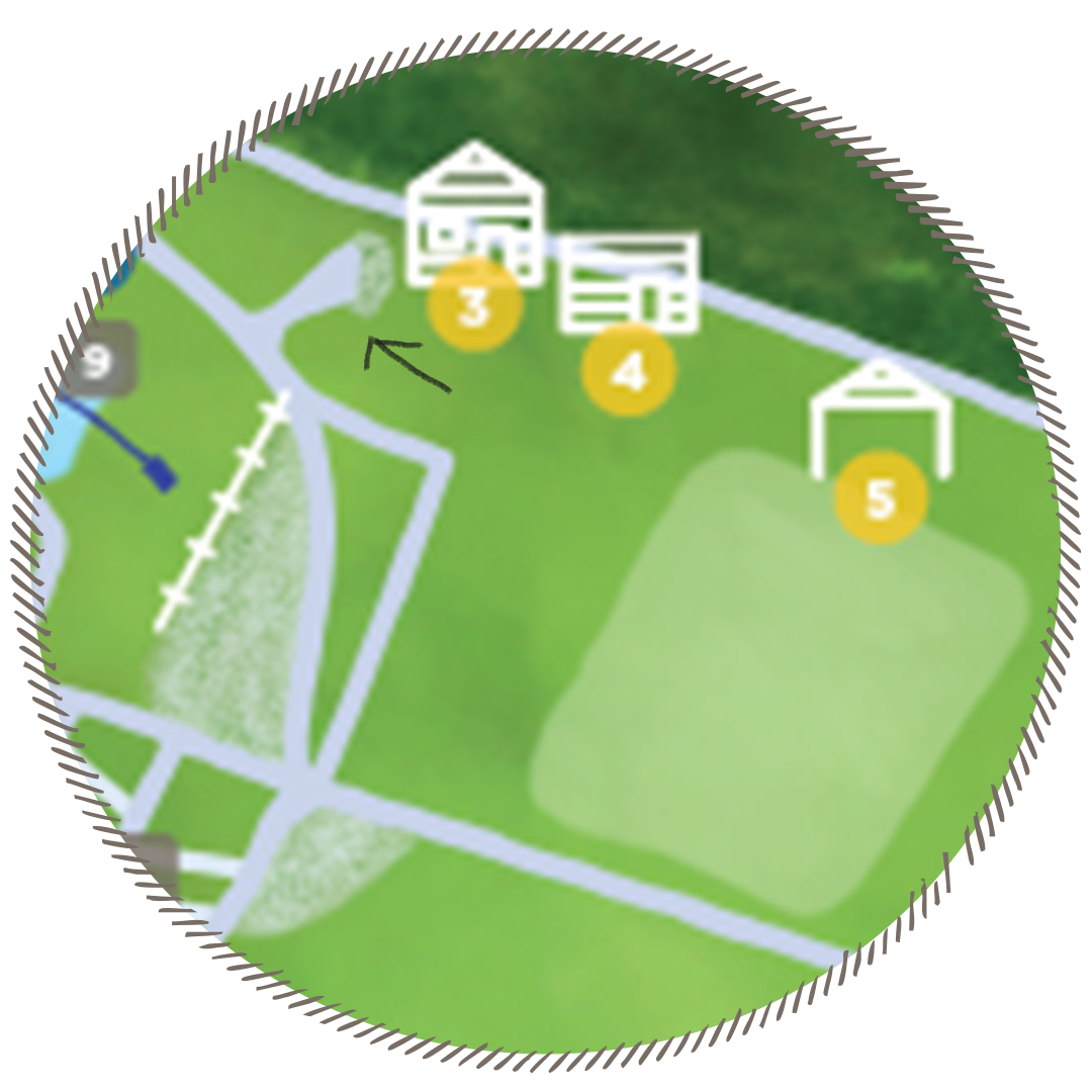 Map showing various numbered features within a green outdoor area, including structures, fields, and pathways.