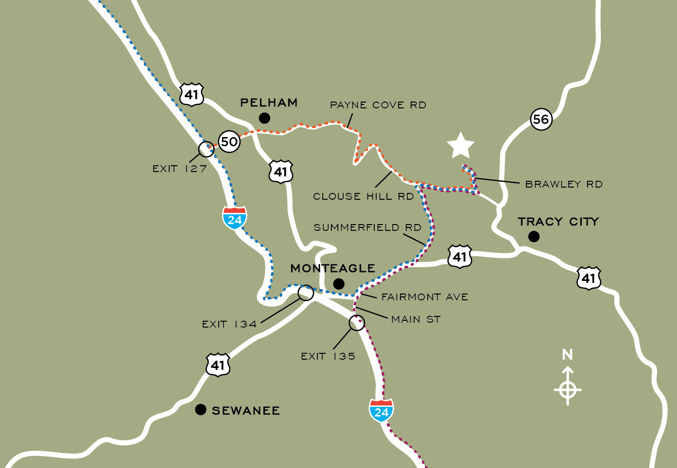 Map showing roads and highways around Tracy City area, including Pelham, Monteagle, Sewanee, and Exit 127, with labels for Route 41, 24, 50, 56, and exits 134 and 135.
