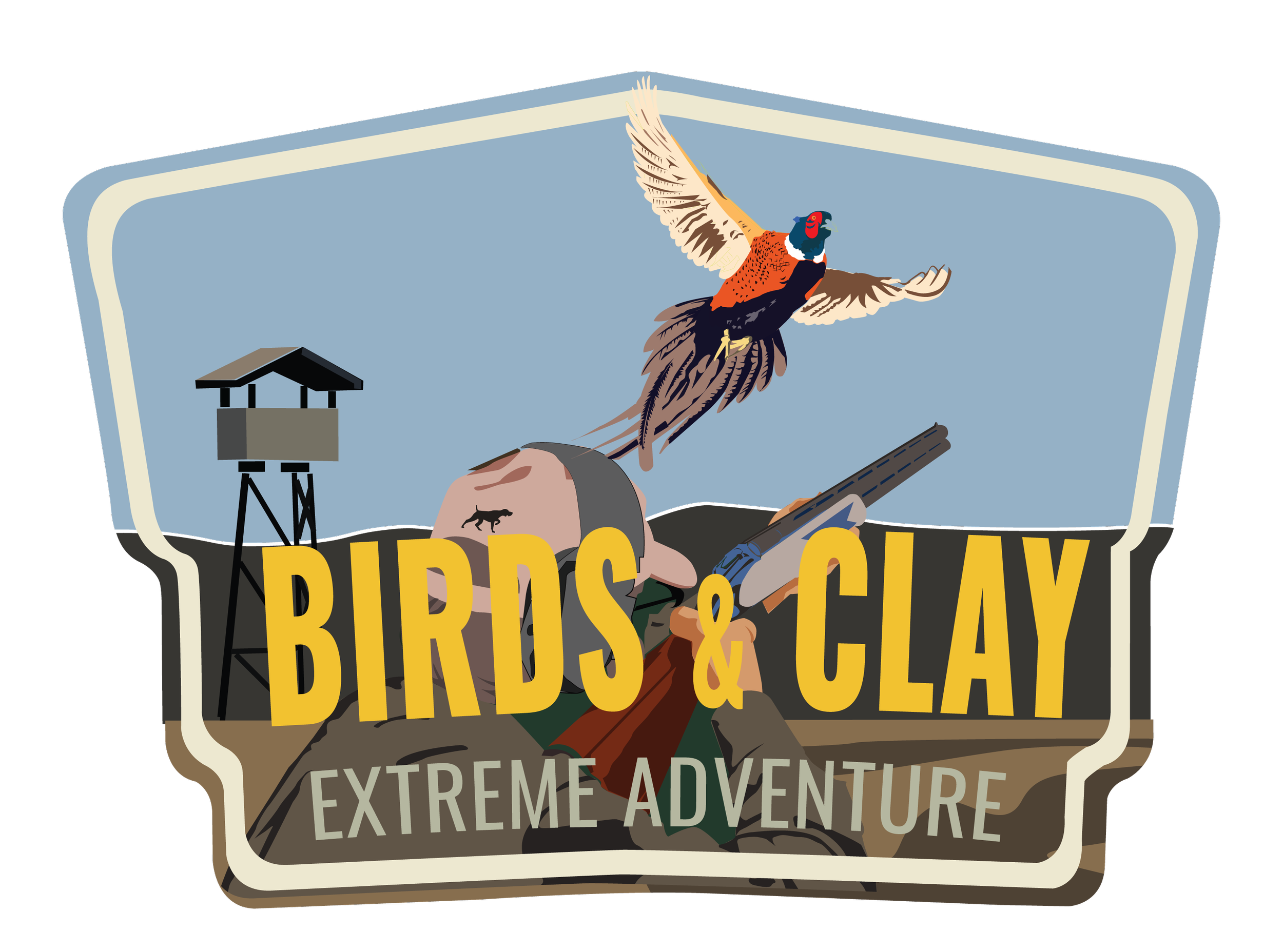 A colorful logo for an extreme adventure event called 'Birds & Clays.' The logo features a bird, likely a pheasant, flying above rugged terrain with a water tower, mountains, and a person aiming a shotgun. The text includes 'Birds & Clays' and mentions 'Extreme Adventure.'