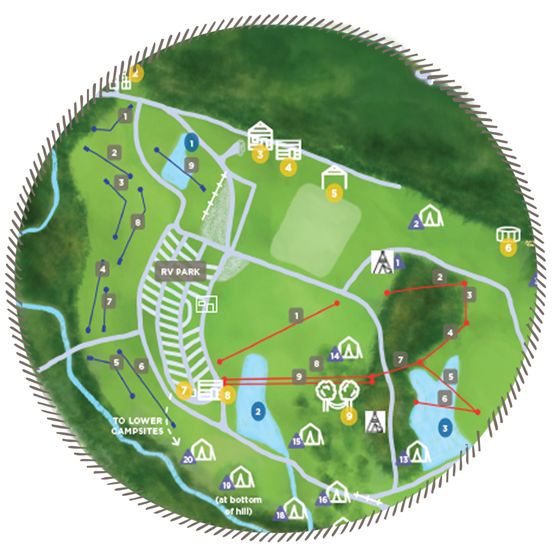 A detailed map of a campground and RV park featuring various camping sites, lakes, picnic areas, and recreational facilities, with numbered markers and pathways.