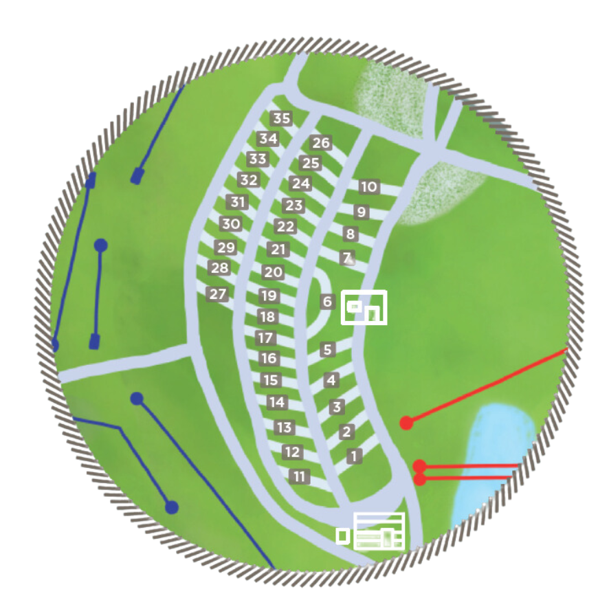 A site map of a campground with numbered camping spots, a lake, and marked amenities, including a golf course and designated zones.