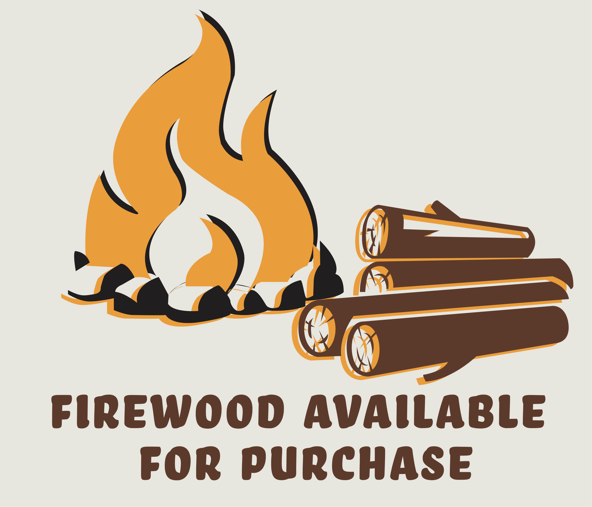 Illustration of a fire with flames and logs, with a sign that says "Firewood Available for Purchase."