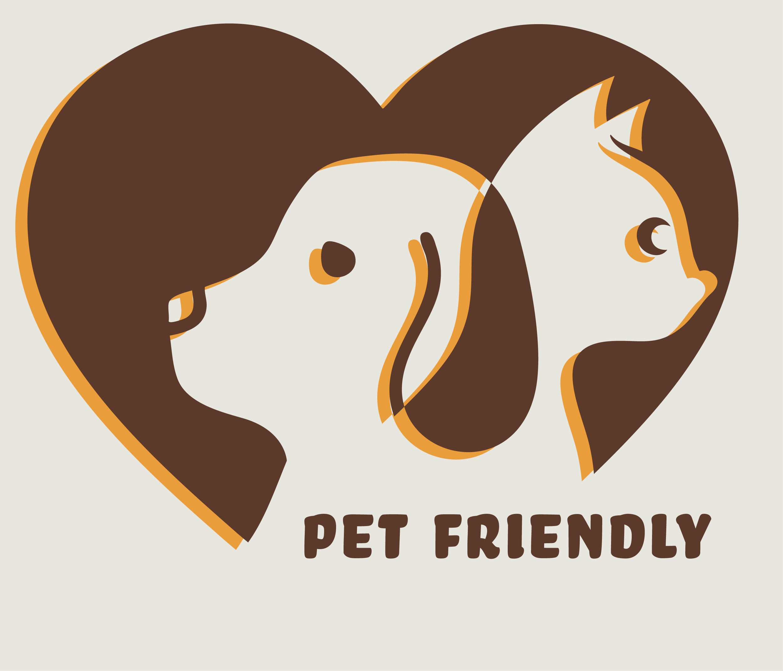 Illustration of two dogs' heads forming a heart shape, with the text "PET FRIENDLY" below.