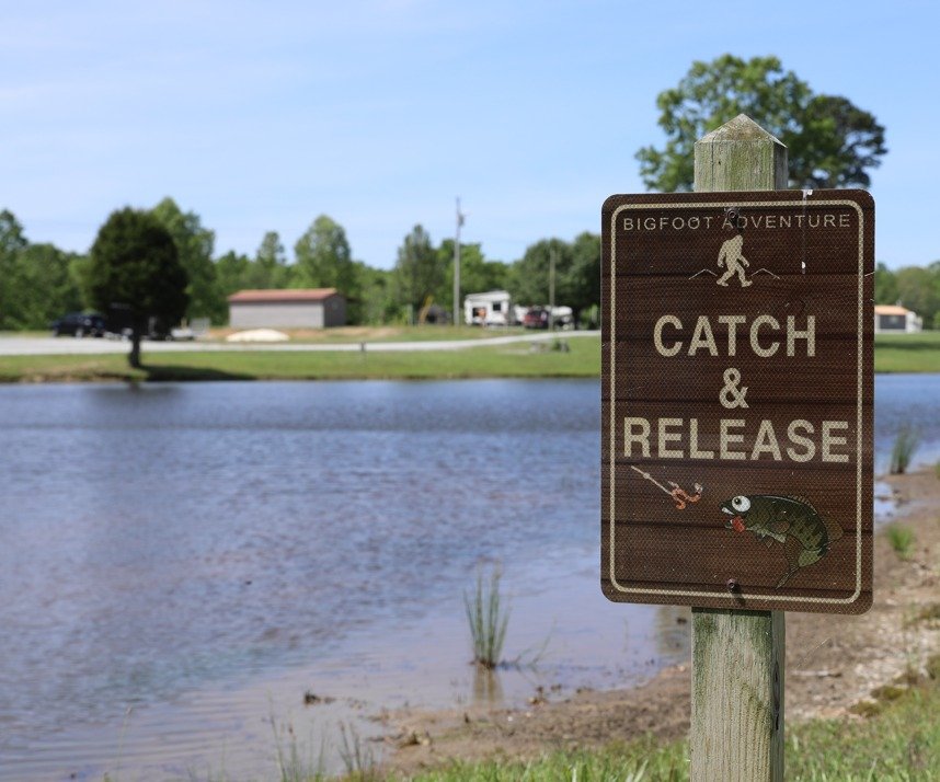 A sign near a body of water that says 'Catch & Release' with a drawing of a fish and a fishing hook, under the heading 'Bigfoot Adventure'.