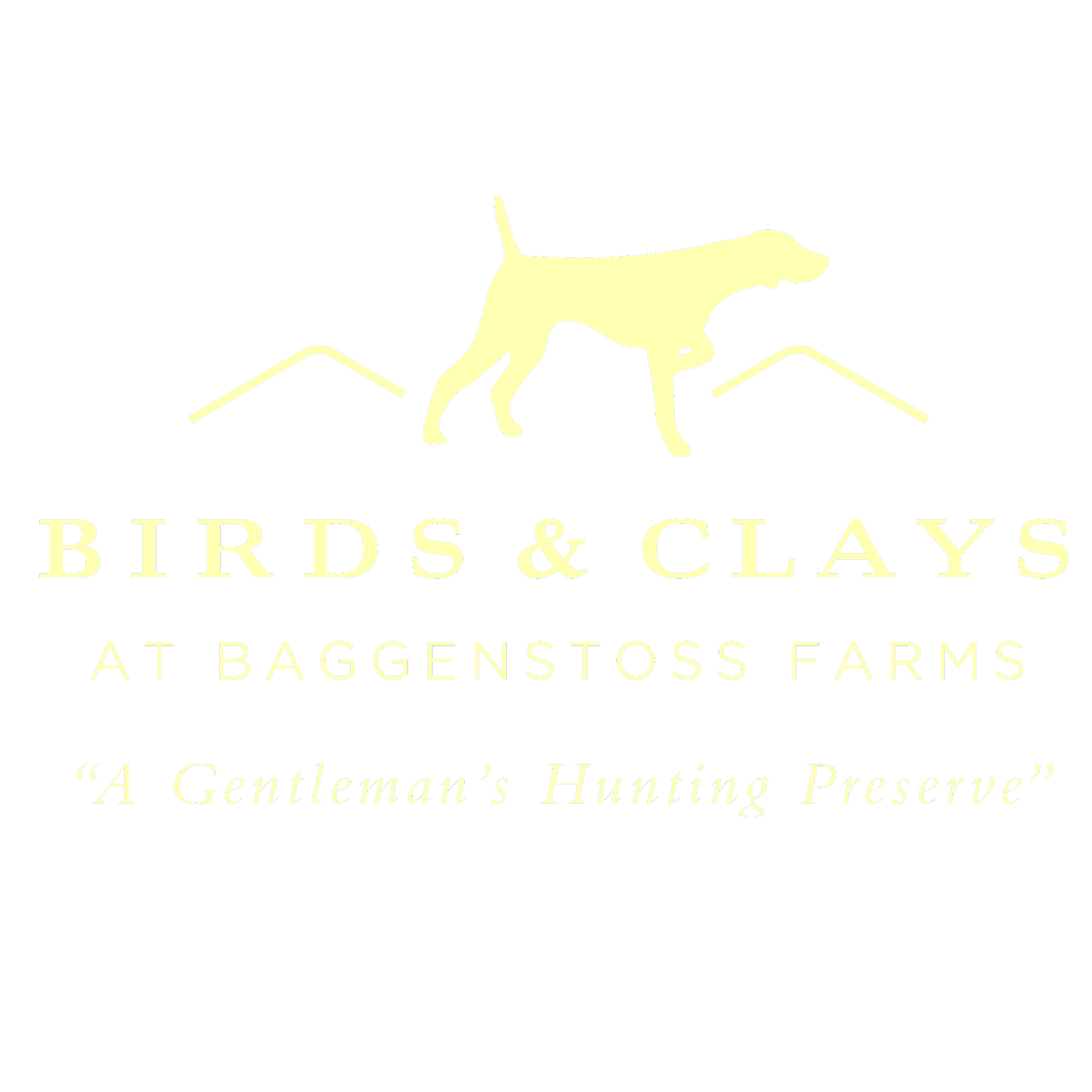 Logo for Bird & Clay At Baggins Toss Farm with a silhouette of a dog and mountains in the background.