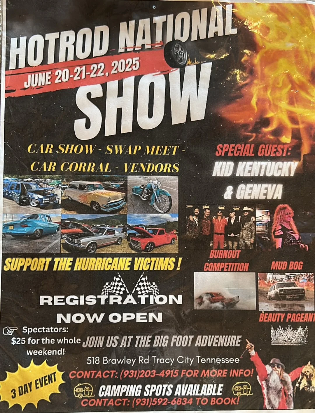 Poster for the Hotrod National Show happening June 20-22, 2025, in Tracy City, Tennessee. Features car show, swap meet, car corral, vendors, special guest Kid Kentucky, and Geneva with additional events like burnout competition, mud bog, and beauty pageant. Includes photos of classic cars and motorcycles, and a person dressed as a clown or performer.