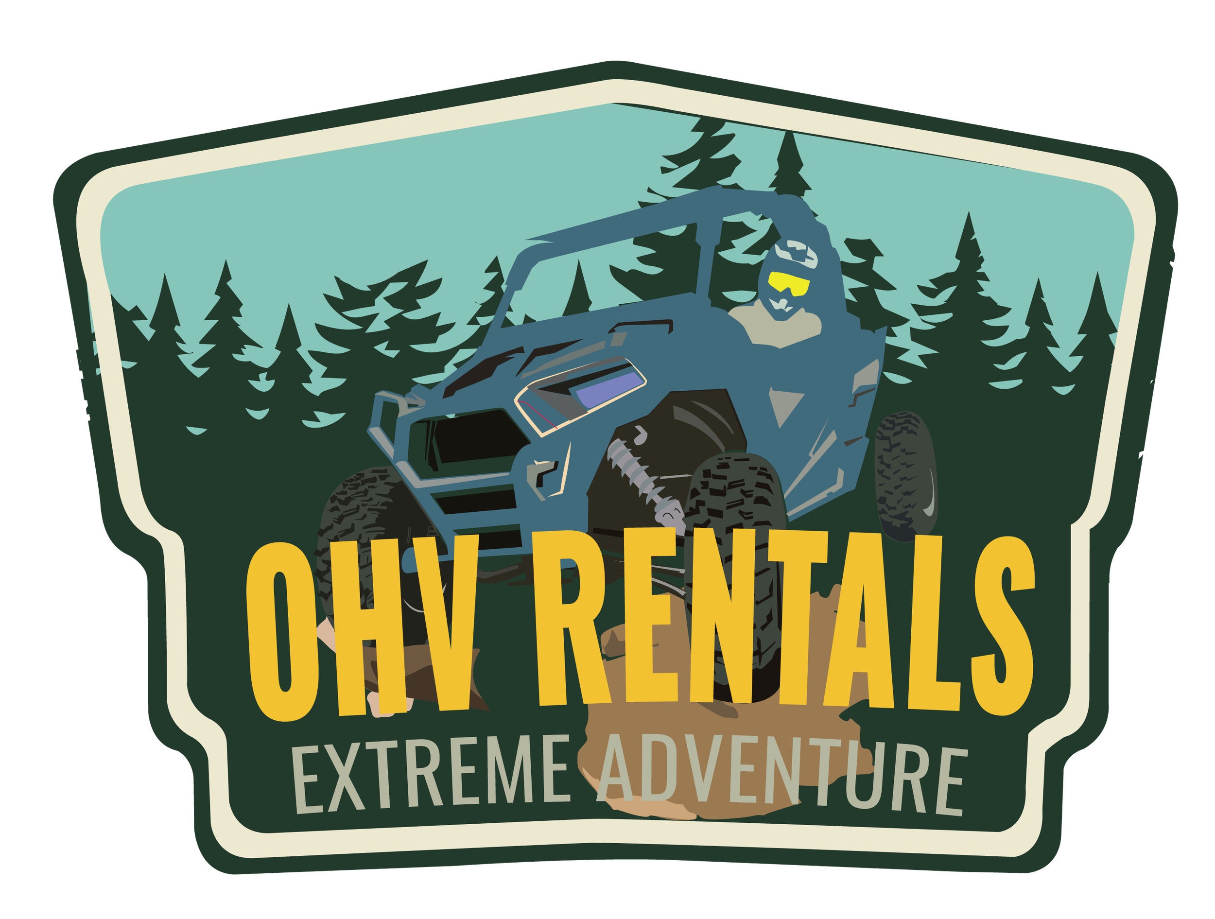 Illustration of a person riding an off-road vehicle in a forested mountain setting, with text indicating 'Only Retreats', 'Extreme Adventure'.