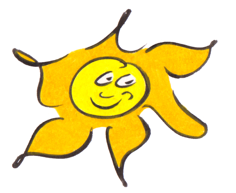 A cartoon sun with a smiling face and closed eyes.