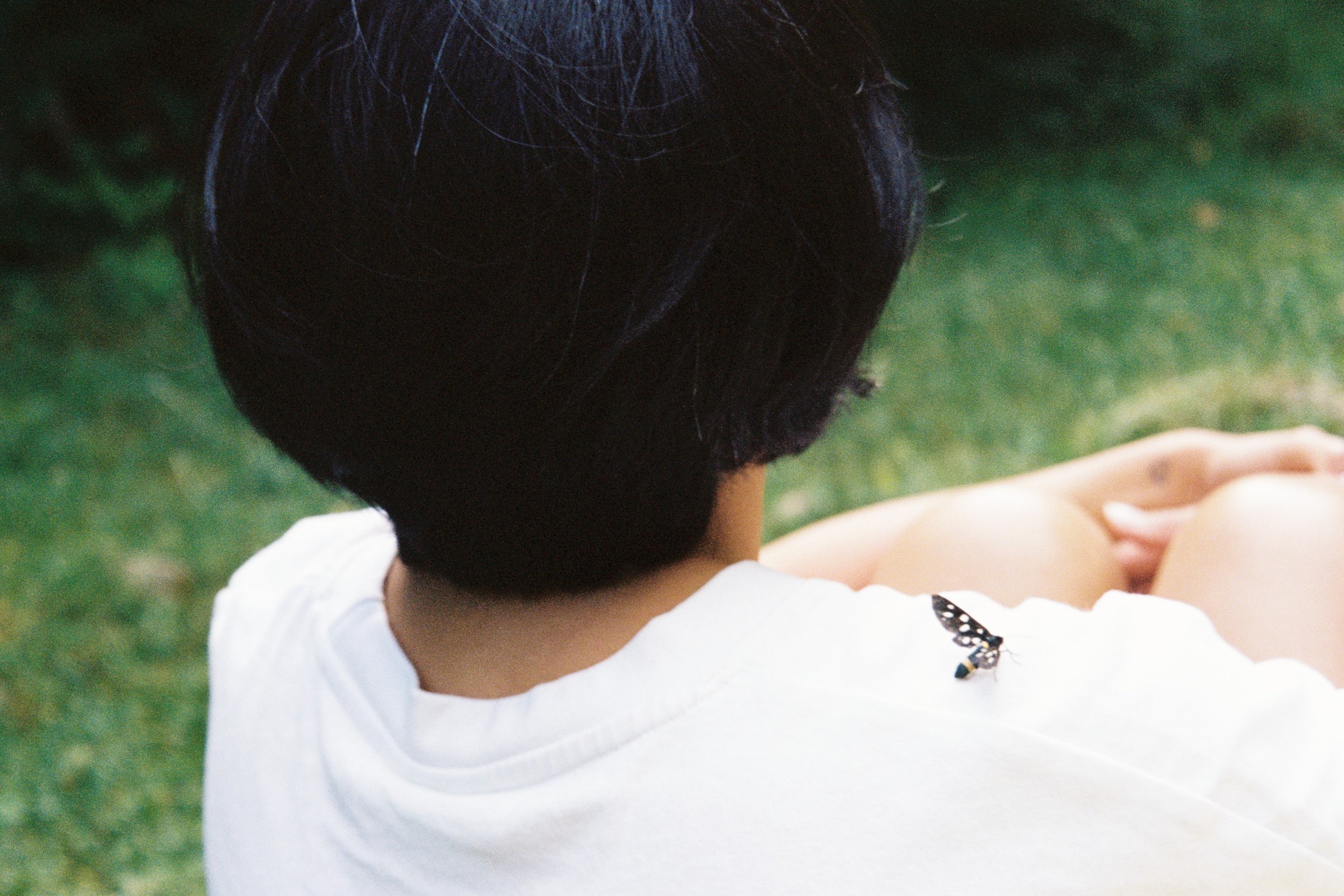 A person with short black hair wearing a white shirt sitting outside on grass, with a butterfly on their shoulder.