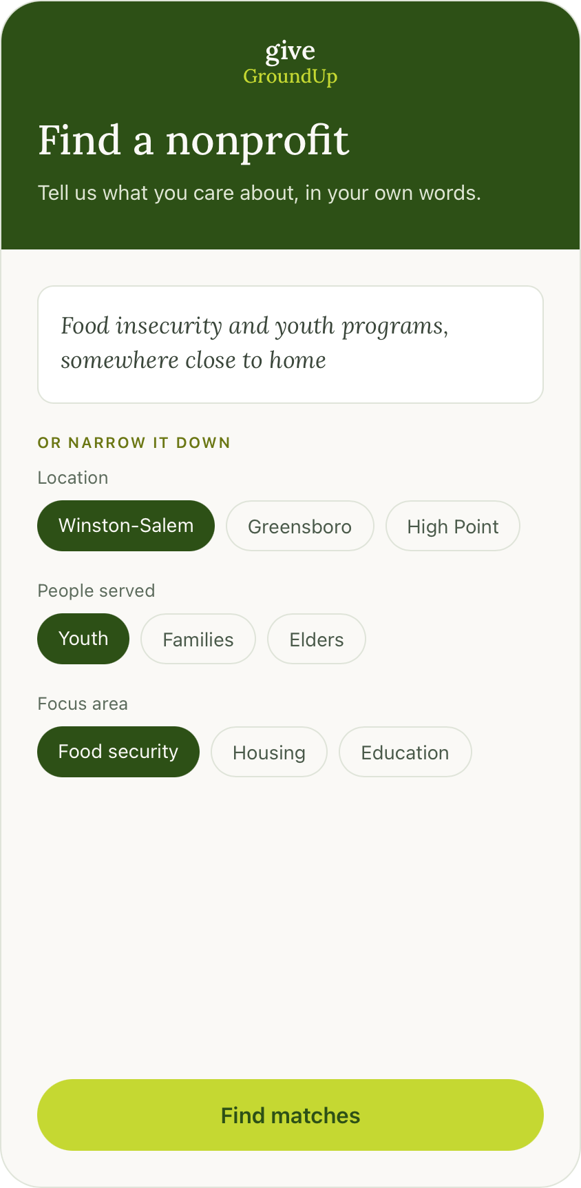 Screen showing a webpage titled 'Find a Nonprofit' with search filters for focus area, location, people served, and program type.