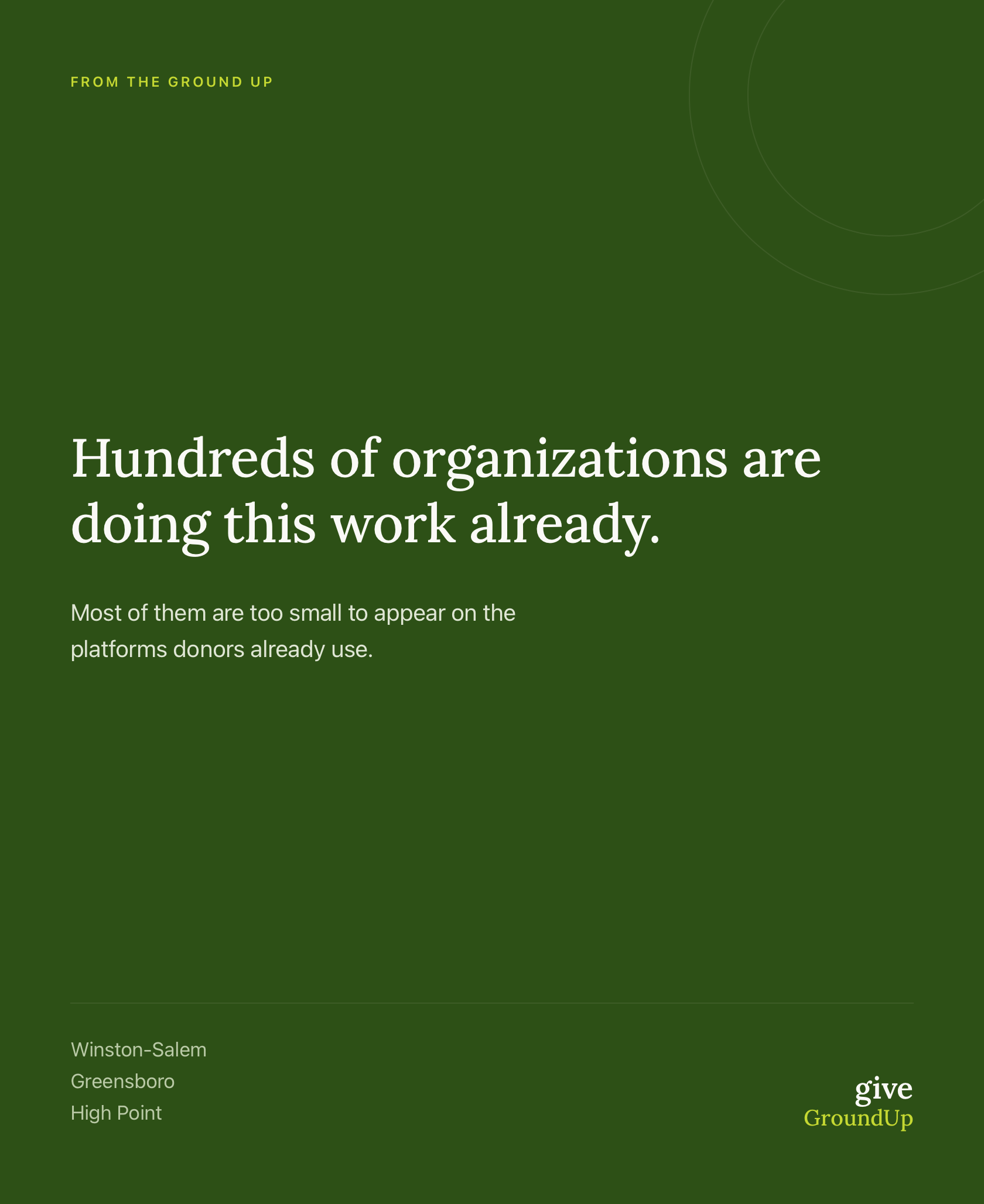 A green infographic with white and yellow text, showing a list of locations: Winston-Salem, Greensboro, High Point. The title mentions ground-up efforts, and there is a green background with subtle circle designs, with some text about doing work already.
