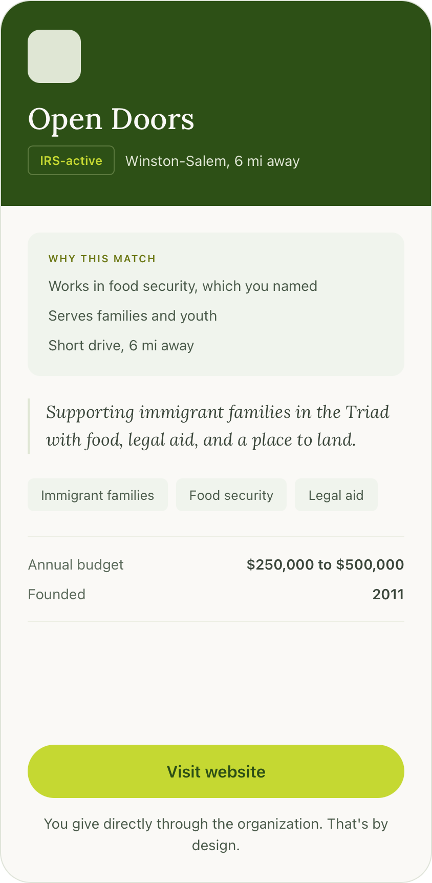 Information about a community organization called Open Doors supporting immigrant families, including number of families served, volunteers, founding year, fundraising campaign details, and needs.