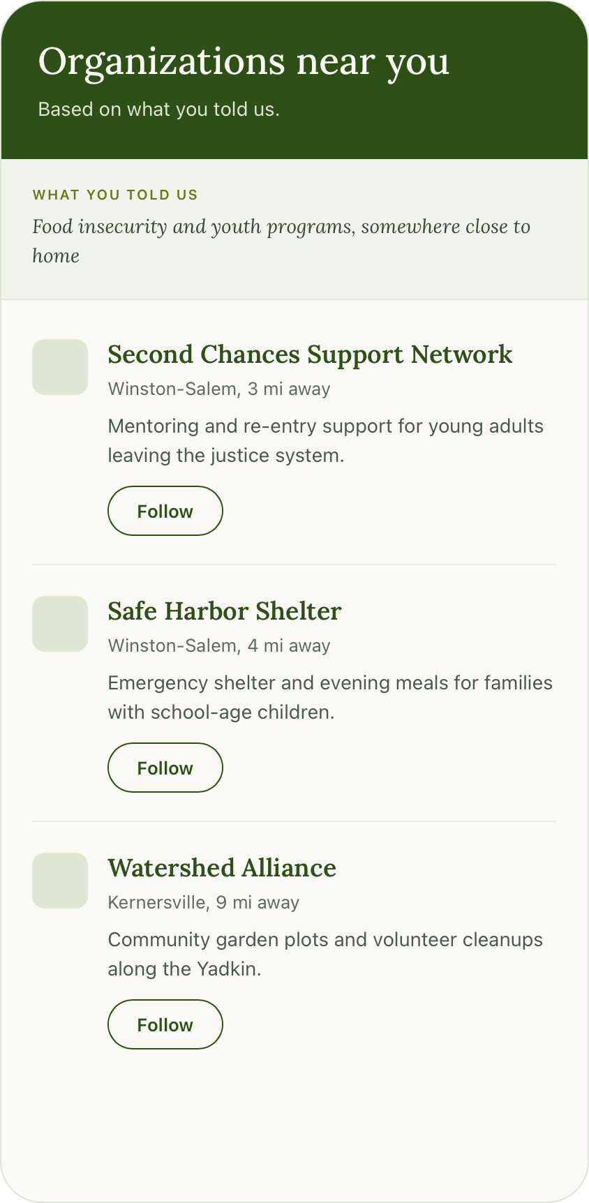 A digital mobile app screen displaying a list of community support organizations with green 'Follow' buttons next to each, including Second Chances Support Network, Safe Harbor Shelter, Watershed Alliance, and Horizons Health Services.