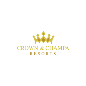 Guldfärgad krona och text 'Crown & Champa Resorts' på vit bakgrund.