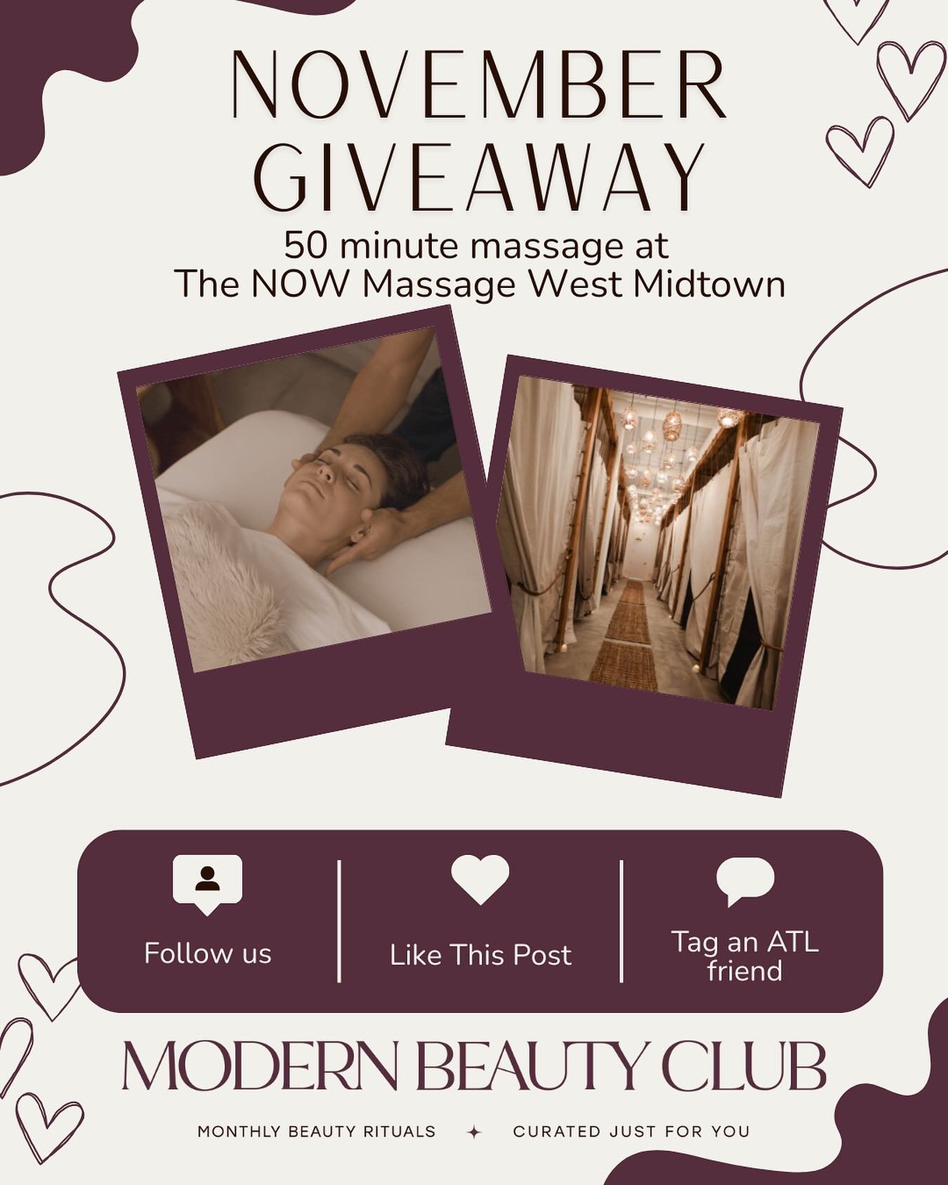 ✨ NOVEMBER GIVEAWAY ✨
We&rsquo;re treating one lucky ATL local to a 50-minute massage at The NOW Massage West Midtown &mdash; because your reset shouldn&rsquo;t have to wait for the weekend.

To enter:
1️⃣ Follow @modernbeautyclub
2️⃣ Like this post
