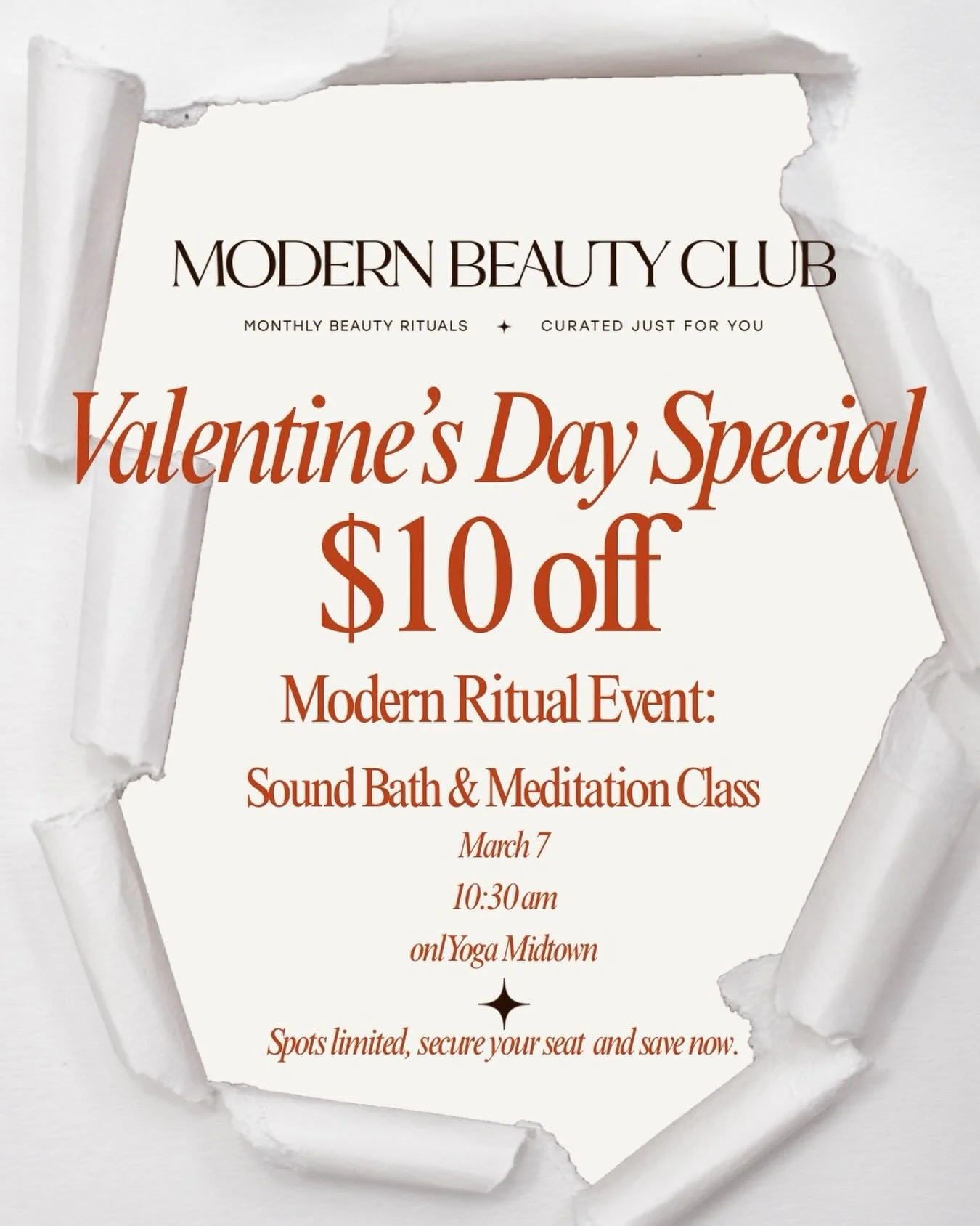 USE CODE &ldquo;VDAY10OFF&rdquo; at registration.

Valentine&rsquo;s Day called&hellip; and she said choose yourself 💌✨ 

We&rsquo;re giving you $10 off Modern Ritual | shown up for yourself has never looked better.

Join us for an intentional morni