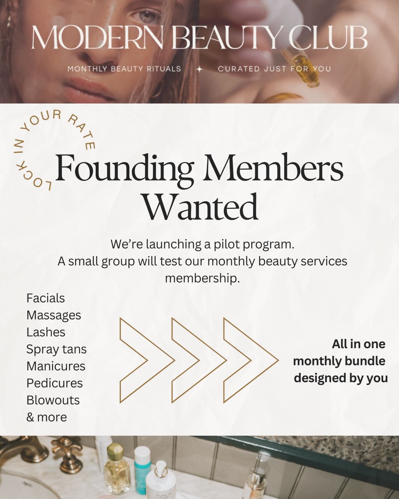 It&rsquo;s finally here.

Modern Beauty Club is opening a limited pilot program for our monthly beauty membership and we&rsquo;re looking for our founding members.

Think facials, blowouts, nails, spray tans, and more all bundled into one monthly mem