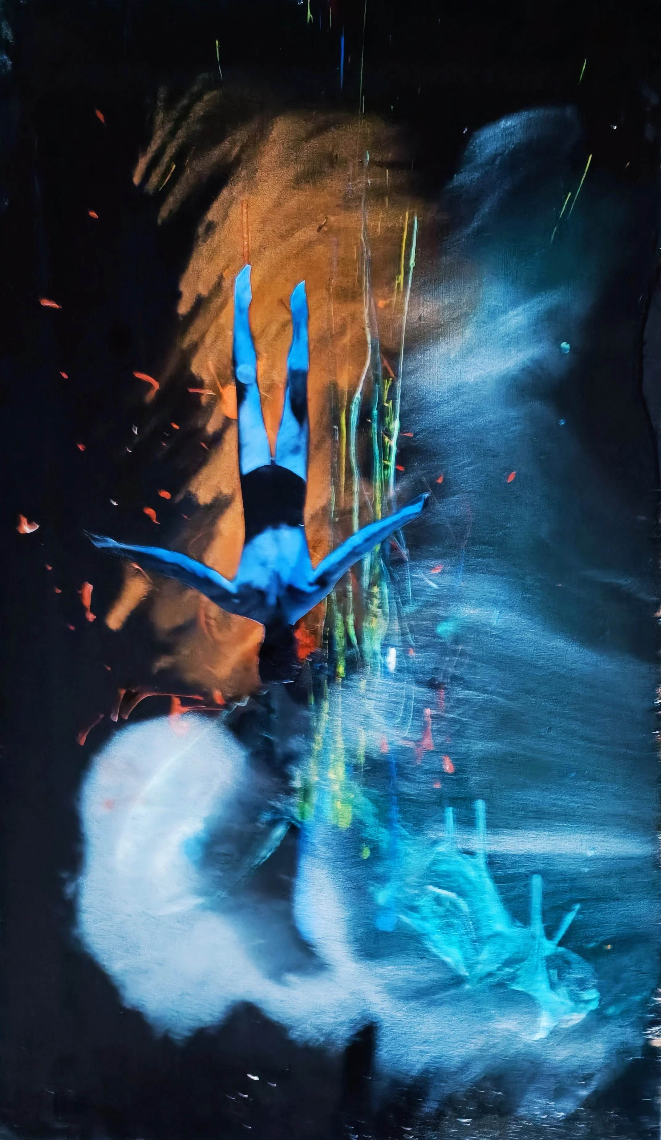 "Deep Dive"
Acryl, Pigments, Resin and Photographic paper on Wood
Size: H85 x W50
Framed: Yes