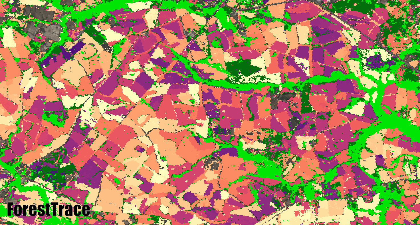 Color-coded satellite map showing different land types, including green areas for forests, purple for urban or developed areas, and other colors representing various land uses.