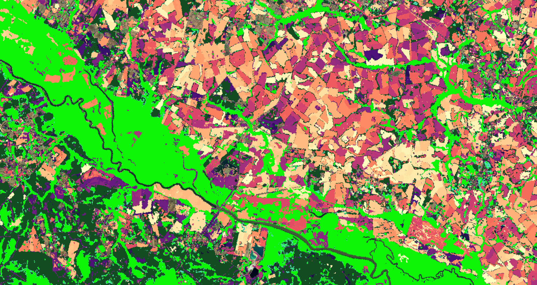 An abstract, colorful map depicting various land and water features with bright green, purple, pink, and beige areas, and black lines representing waterways or boundaries.