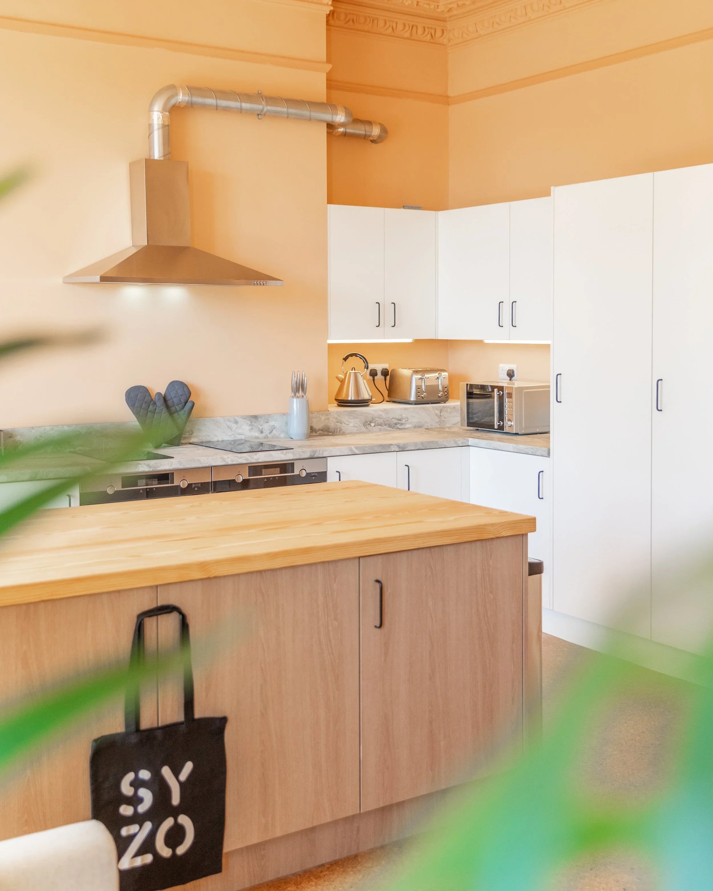 Modern kitchen with white cabinets, stainless steel appliances, wooden kitchen island, and peach-colored walls.