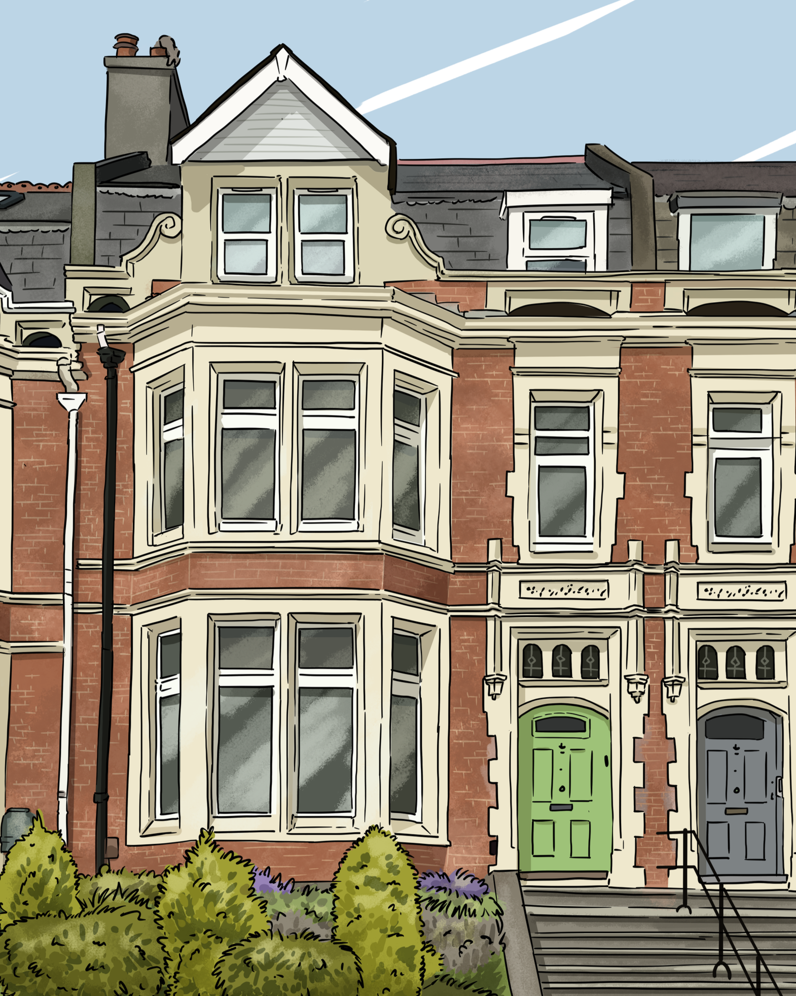 Illustration of a historic brick townhouse with bay windows, green and gray front doors, stairs, and landscaped bushes.