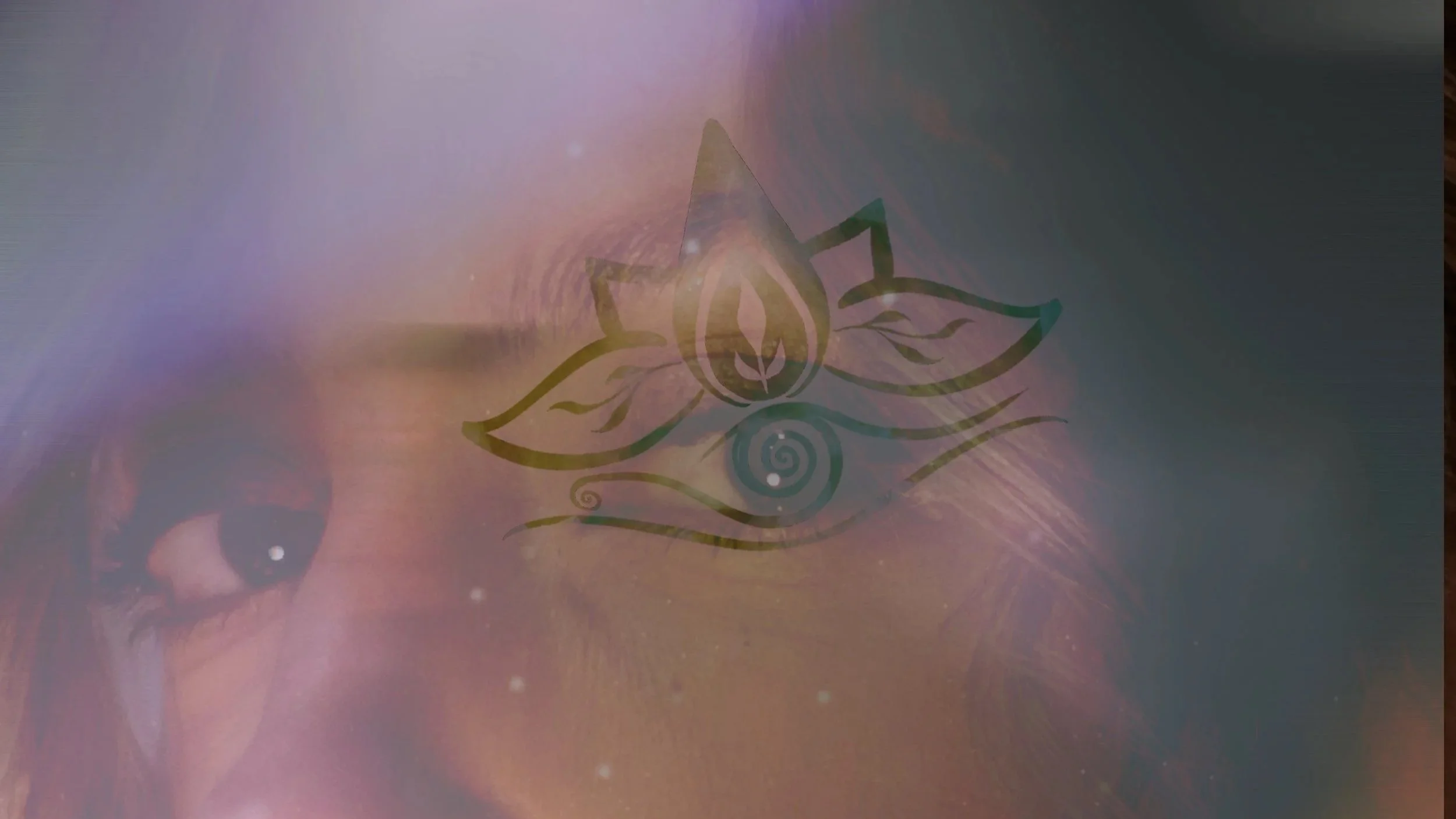 A person's face with a spiritual or artistic overlay, including a stylized lotus flower and wave-like design, created with a semi-transparent effect over the eye area.