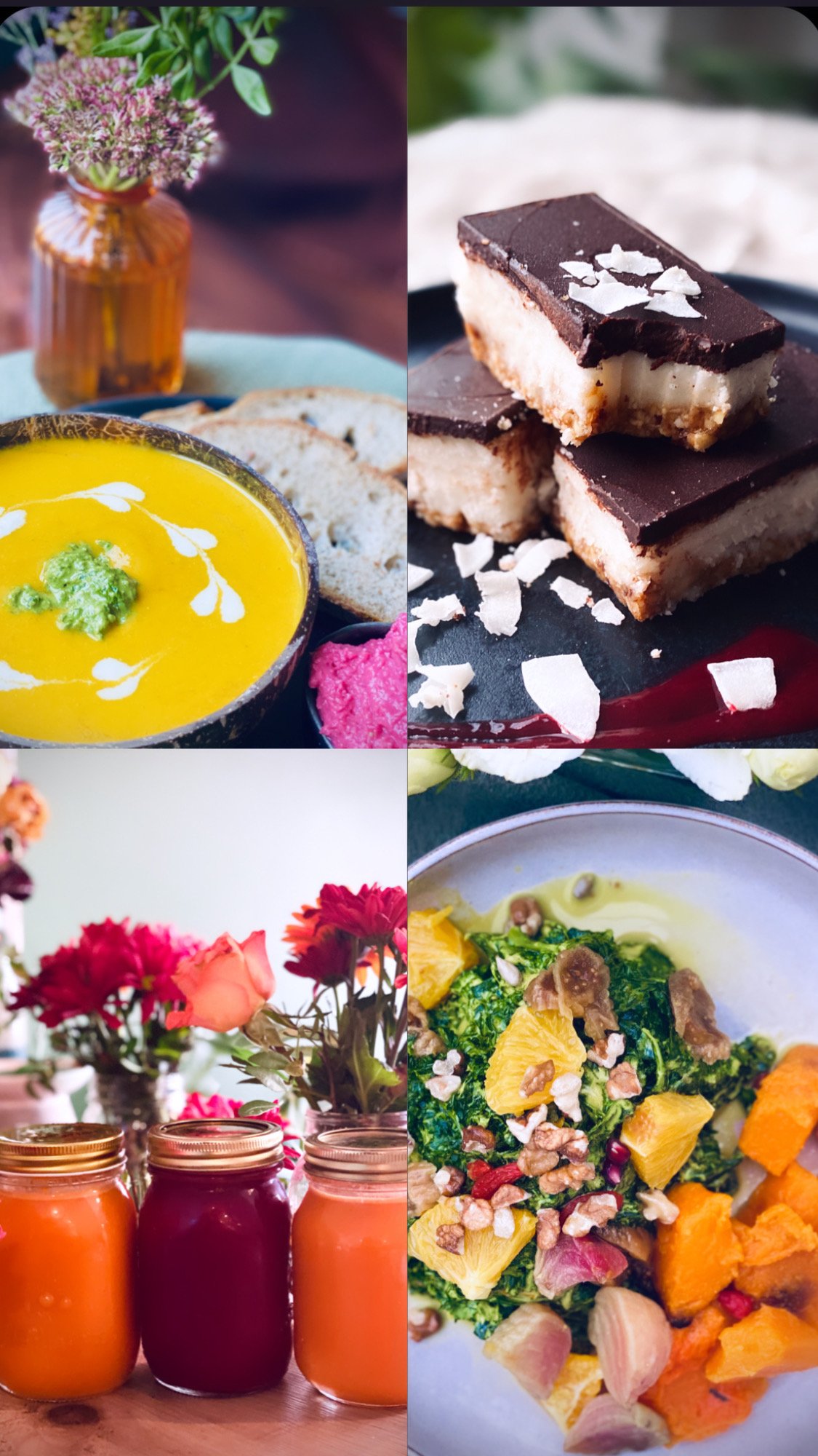 A collage of four images showing food and flowers: (top left) a bowl of yellow soup with green garnish, a side of bread, and a pink snack; (top right) two chocolate and cream bars with coconut flakes; (bottom left) a collection of eight jars of diffe