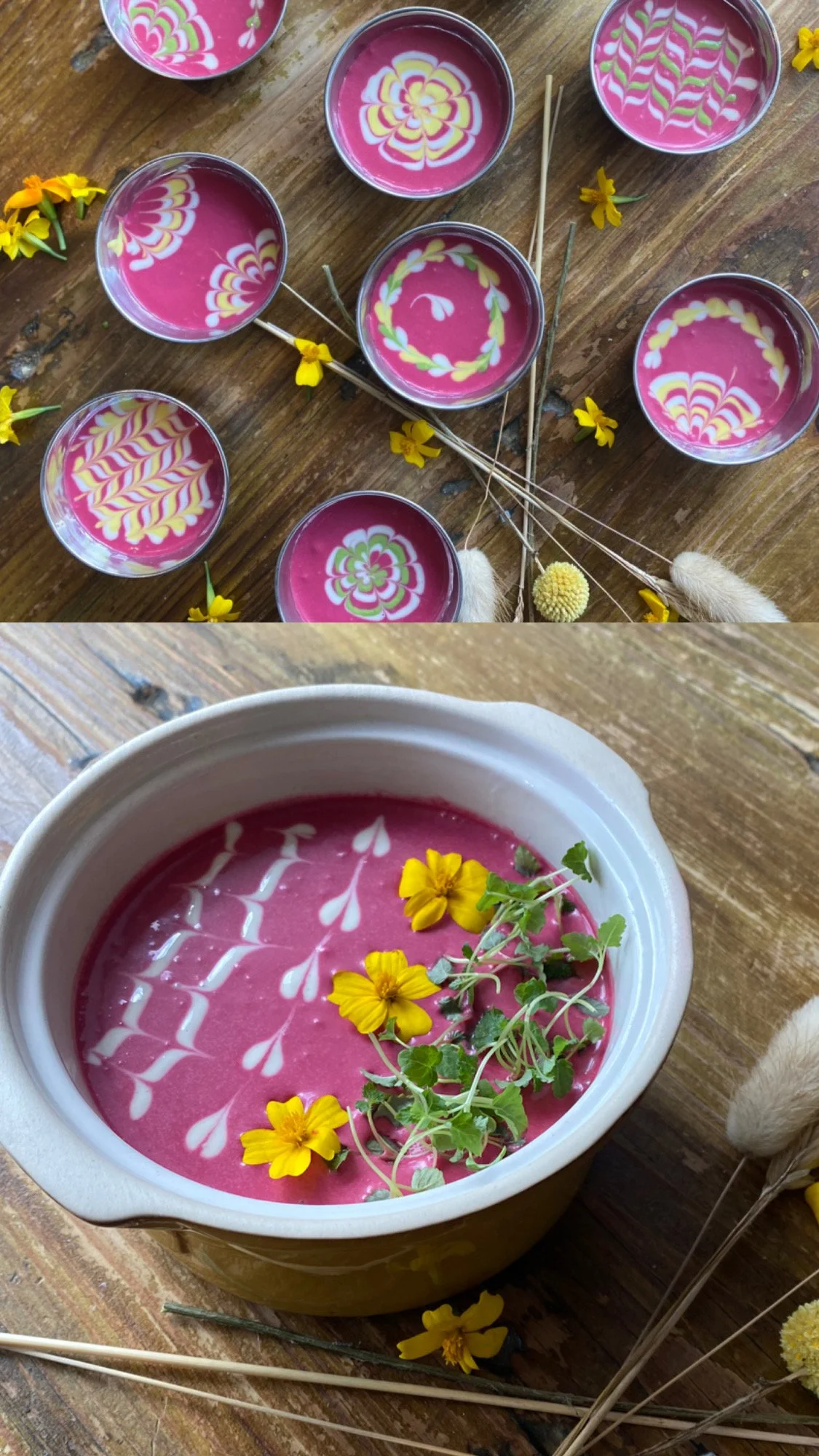 Colorful floral-patterned drinks in bowls on a wooden surface, decorated with yellow flowers and greens.