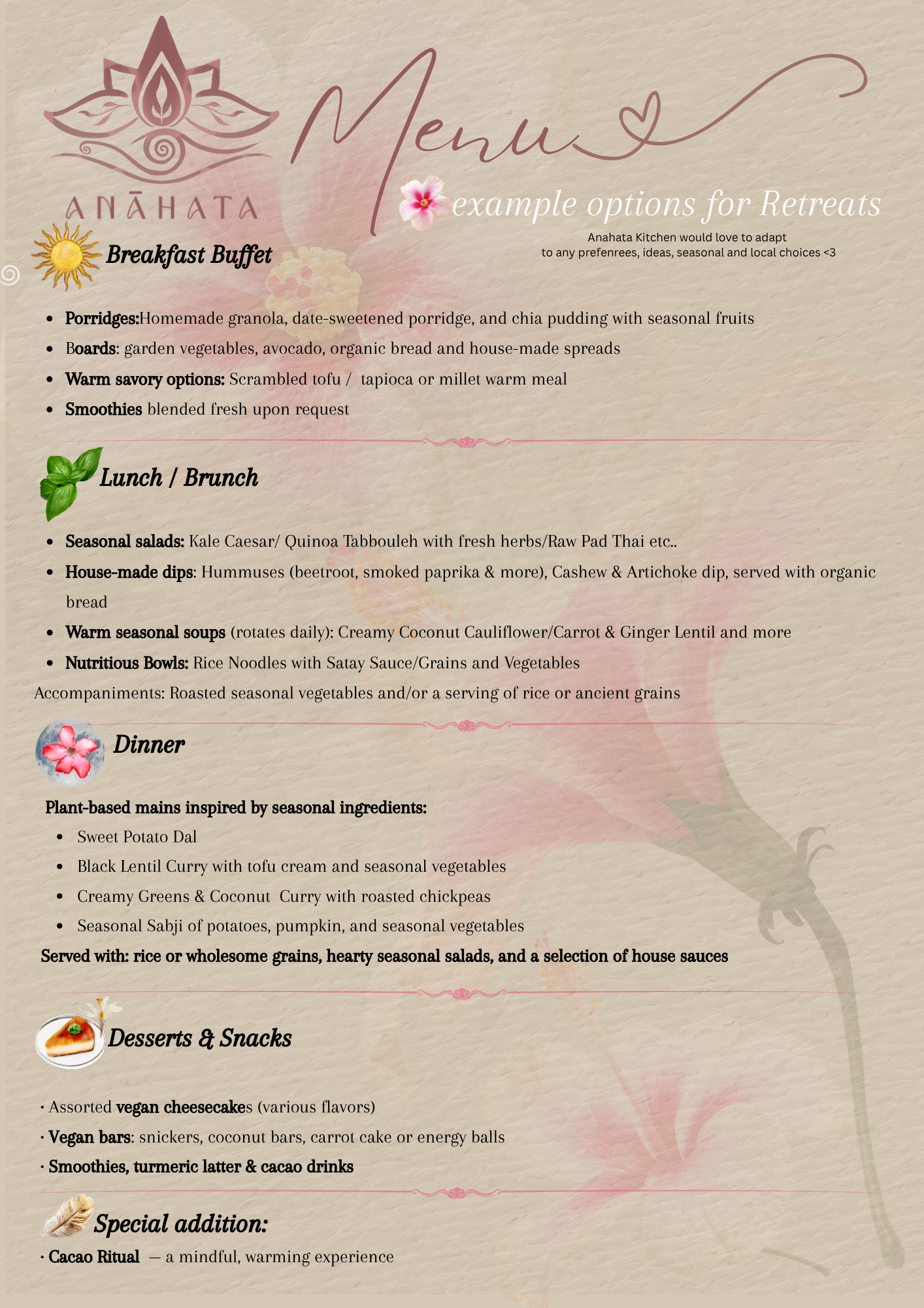 Retreat menu featuring breakfast buffet, lunch and brunch options, dinner, desserts, and snacks with floral and natural design elements.