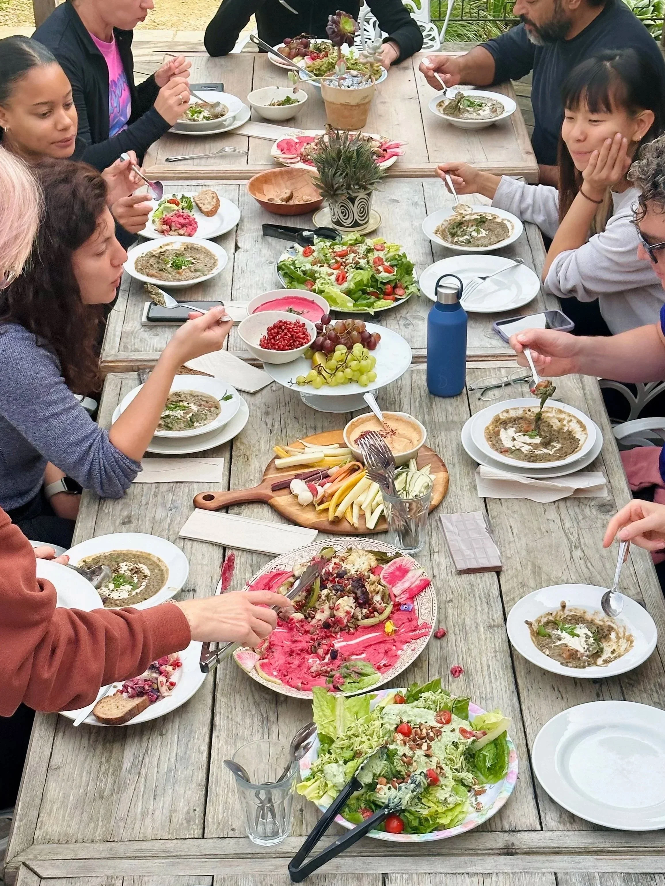 People sitting around a wooden table having a meal with various salads, bread, and bowls of soup or dip, with a decorative plant in the middle of the table.