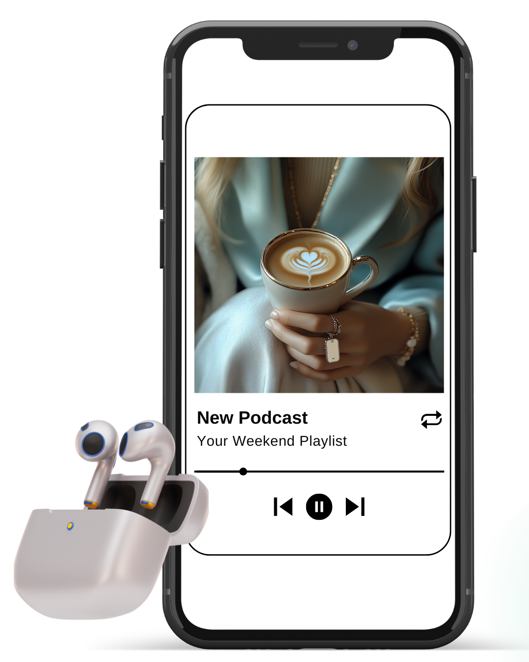 Smartphone displaying a podcast episode titled "New Podcast" with a photo of a woman holding a latte with latte art shaped like a heart; wireless earbuds in a charging case are placed in front.