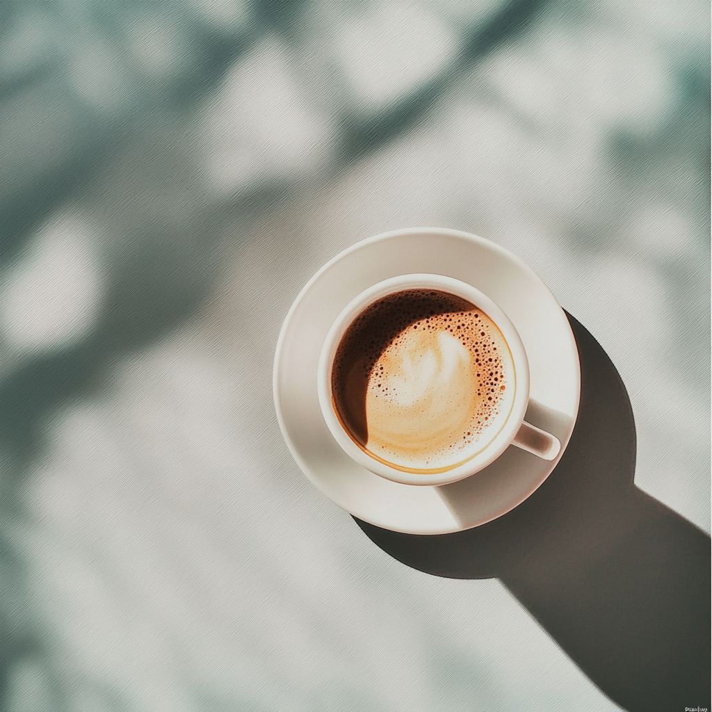 A top view of a white cup filled with coffee that has some foam on top, placed on a white saucer on a light-colored surface.