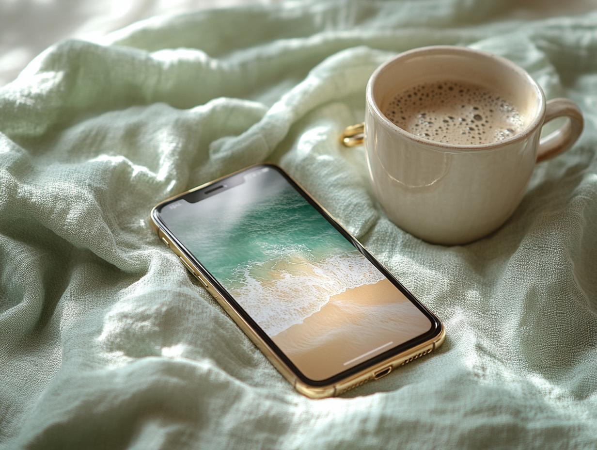 A smartphone with a beach wallpaper lying on a soft, light green fabric, next to a cup of frothy coffee.