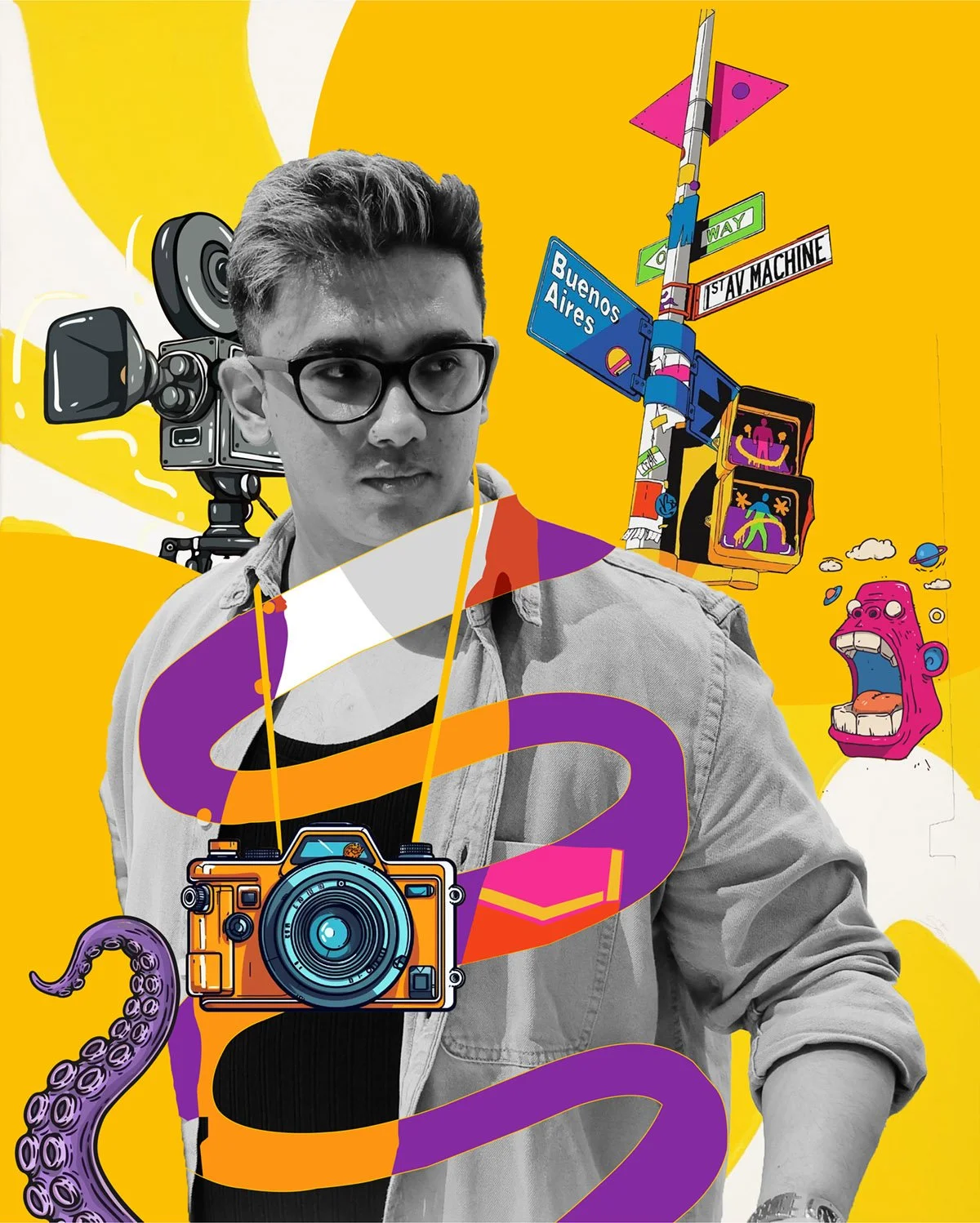 A collage featuring a black and white photograph of a man with glasses, surrounded by colorful illustrated elements including a vintage camera, tentacles, a boom microphone, street signs, television screens, and a cartoon monster against a bright yellow background.