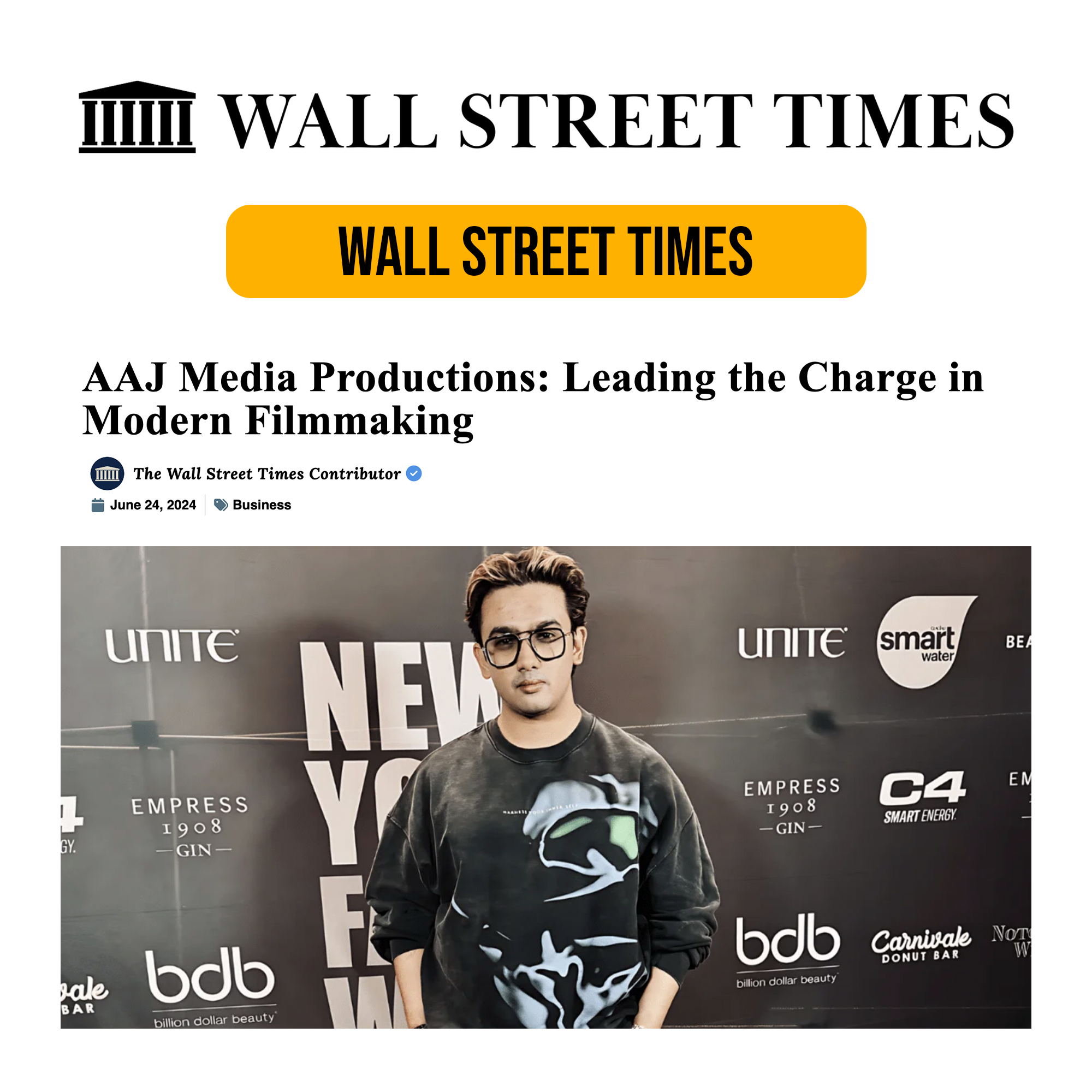 Article webpage featuring a headline about AAJ Media Productions, with a photo of a young man with dark glasses and styled hair, standing in front of a backdrop with logos and text.