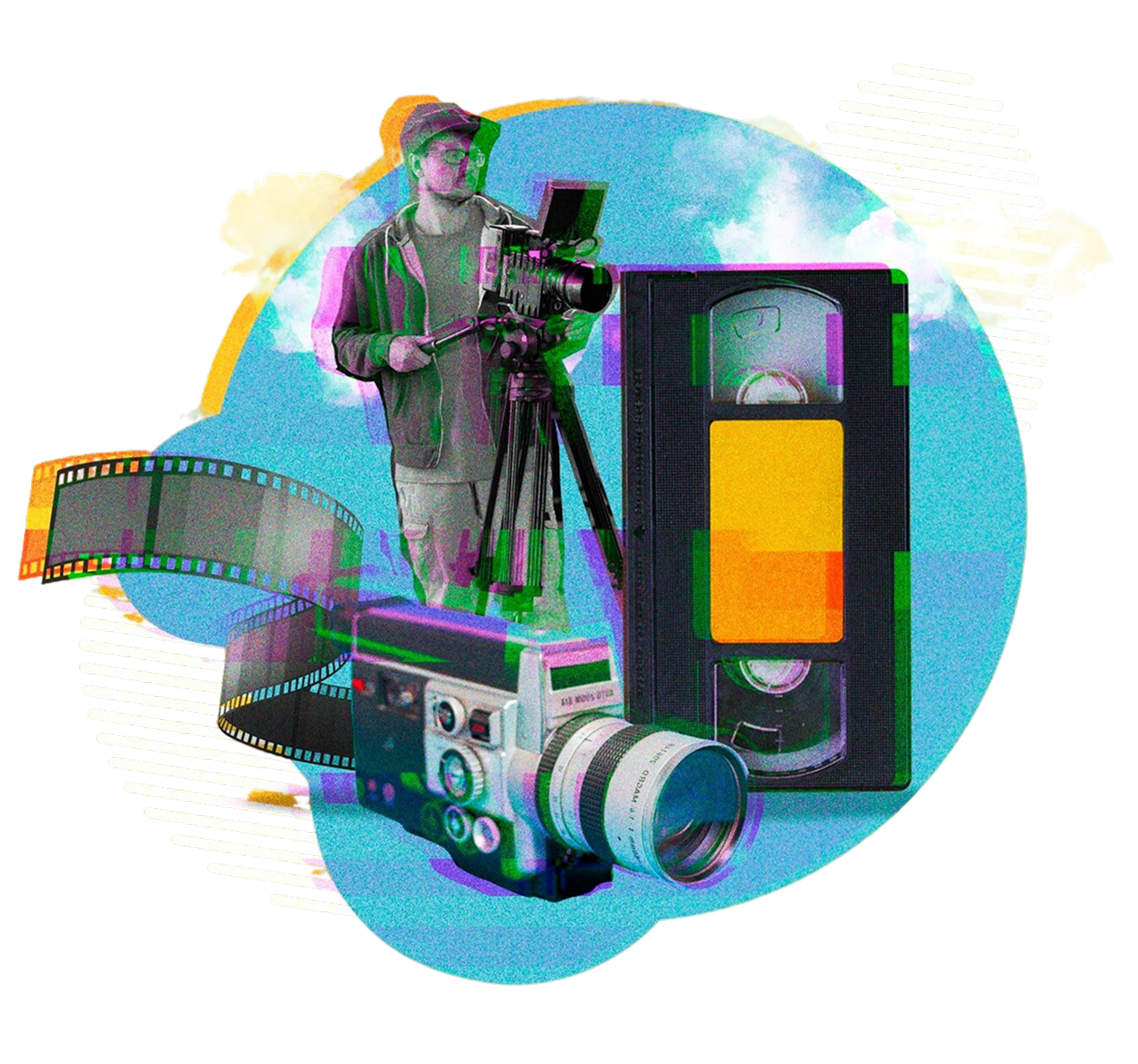 A video camera, a camera with a zoom lens, a speaker, a film strip, and a person operating a camera on a tripod against a sky background.