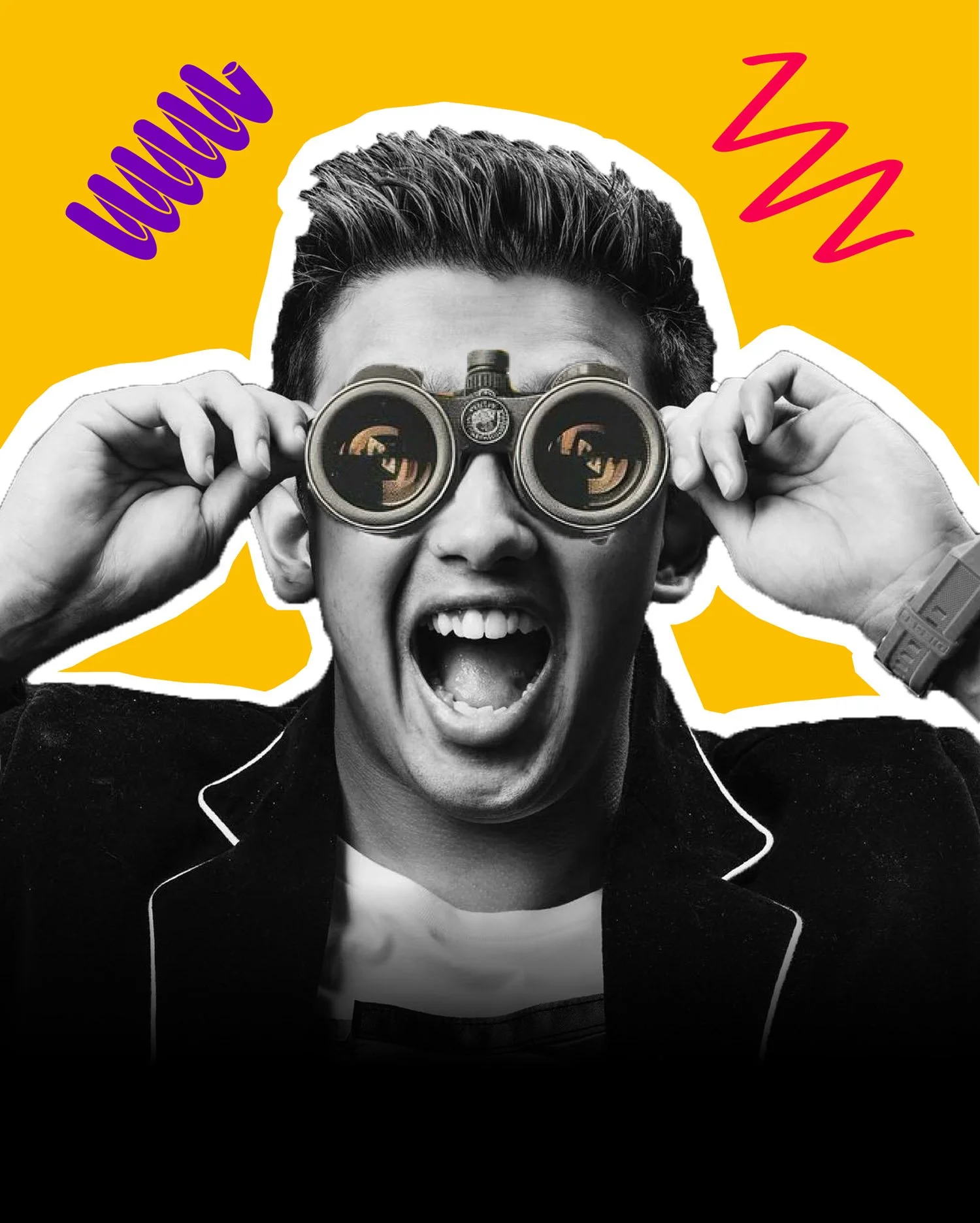 A black and white photo of a young man with an excited expression, wearing sunglasses and a watch, with a yellow background and colorful doodles.