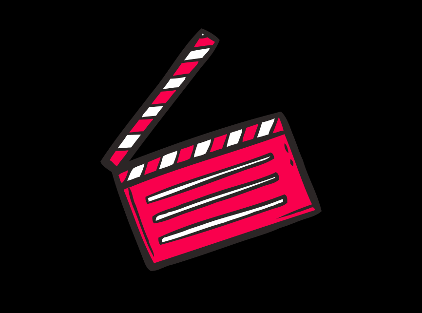 Cartoon of a red and white striped clapperboard with a raised handle against a black background.