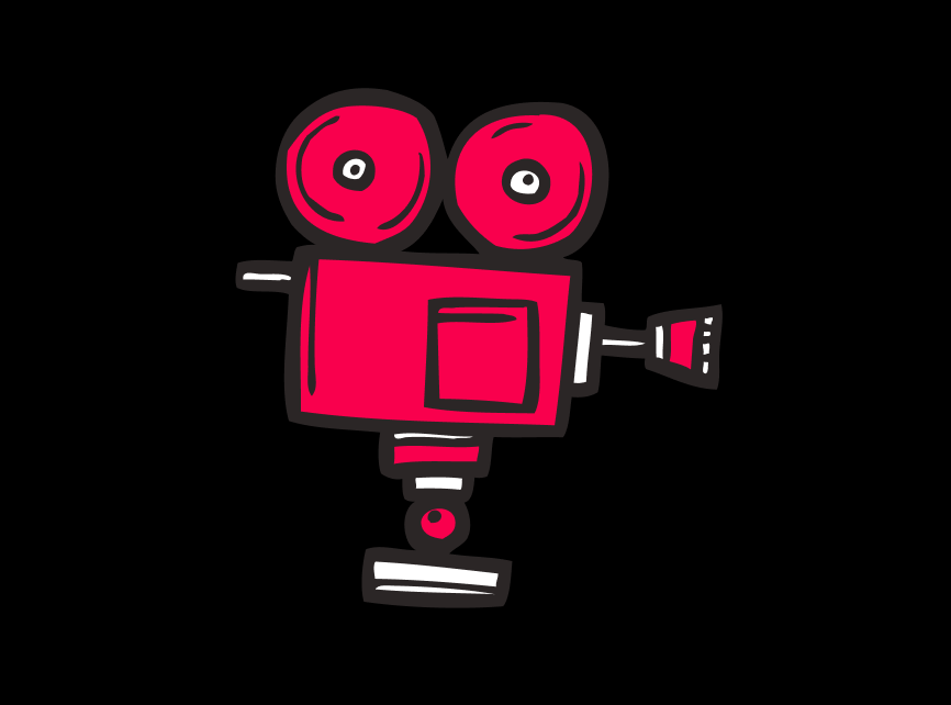 A cartoon-style drawing of a vintage film camera with two large reels on top, a rectangular body, and a lens on the front, against a black background.