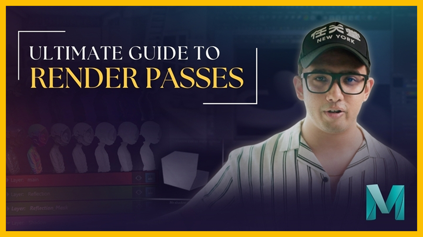 A promotional image for a guide to render passes featuring a man wearing glasses and a baseball cap with Chinese characters, with digital artwork in the background.