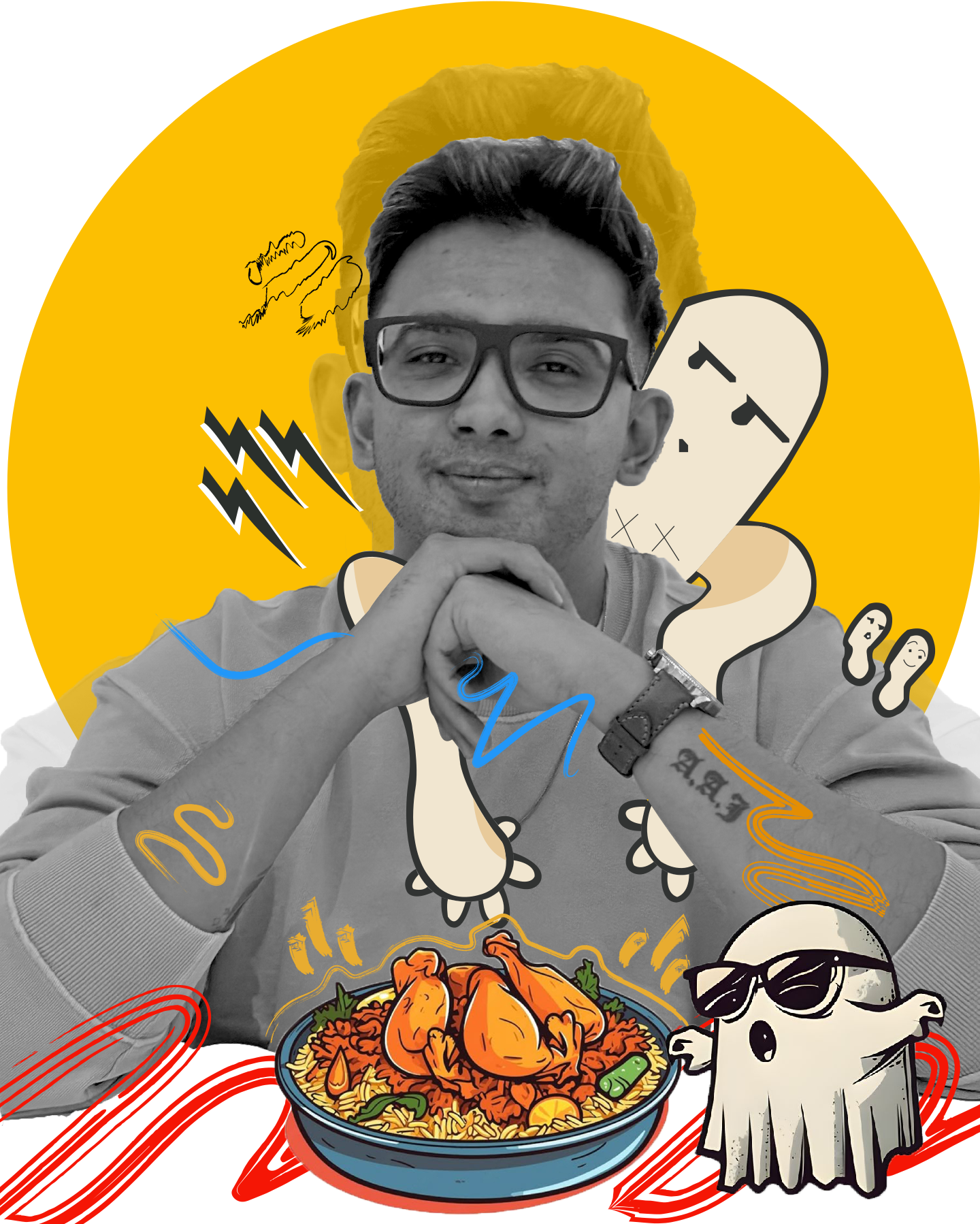 A young man with glasses, with a yellow background featuring cartoon illustrations including a bowl of chicken and rice, and various abstract sketches.