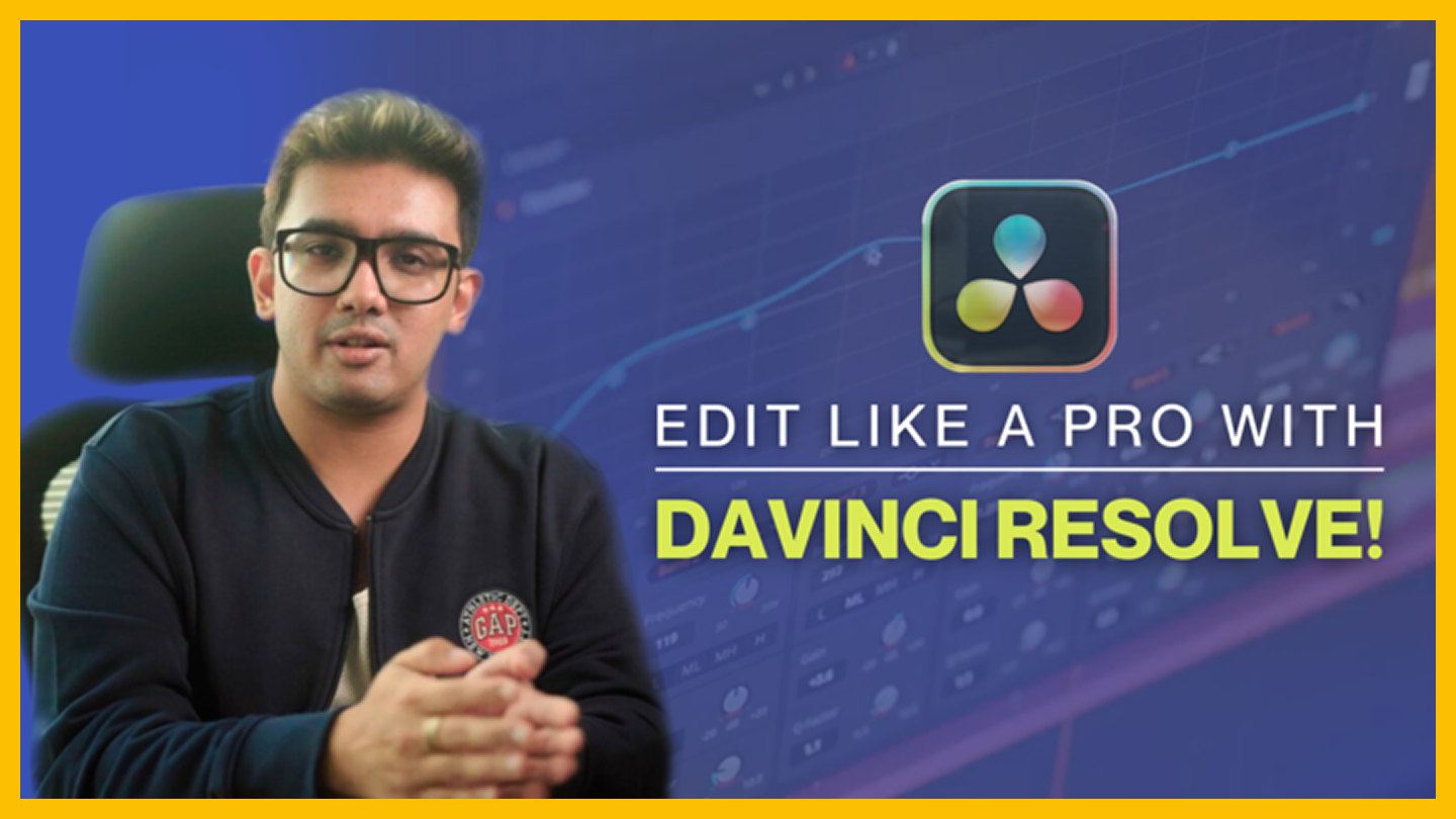 A man wearing glasses and a black jacket with a red circular logo sits in front of a digital background. Text on the screen says, 'Edit like a pro with DaVinci Resolve!' with a colorful DaVinci Resolve logo above the text.