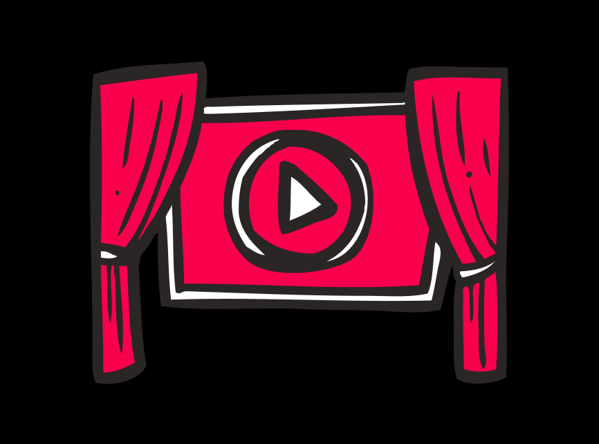 Illustration of a stage with red curtains and a screen in the center displaying a play button icon.