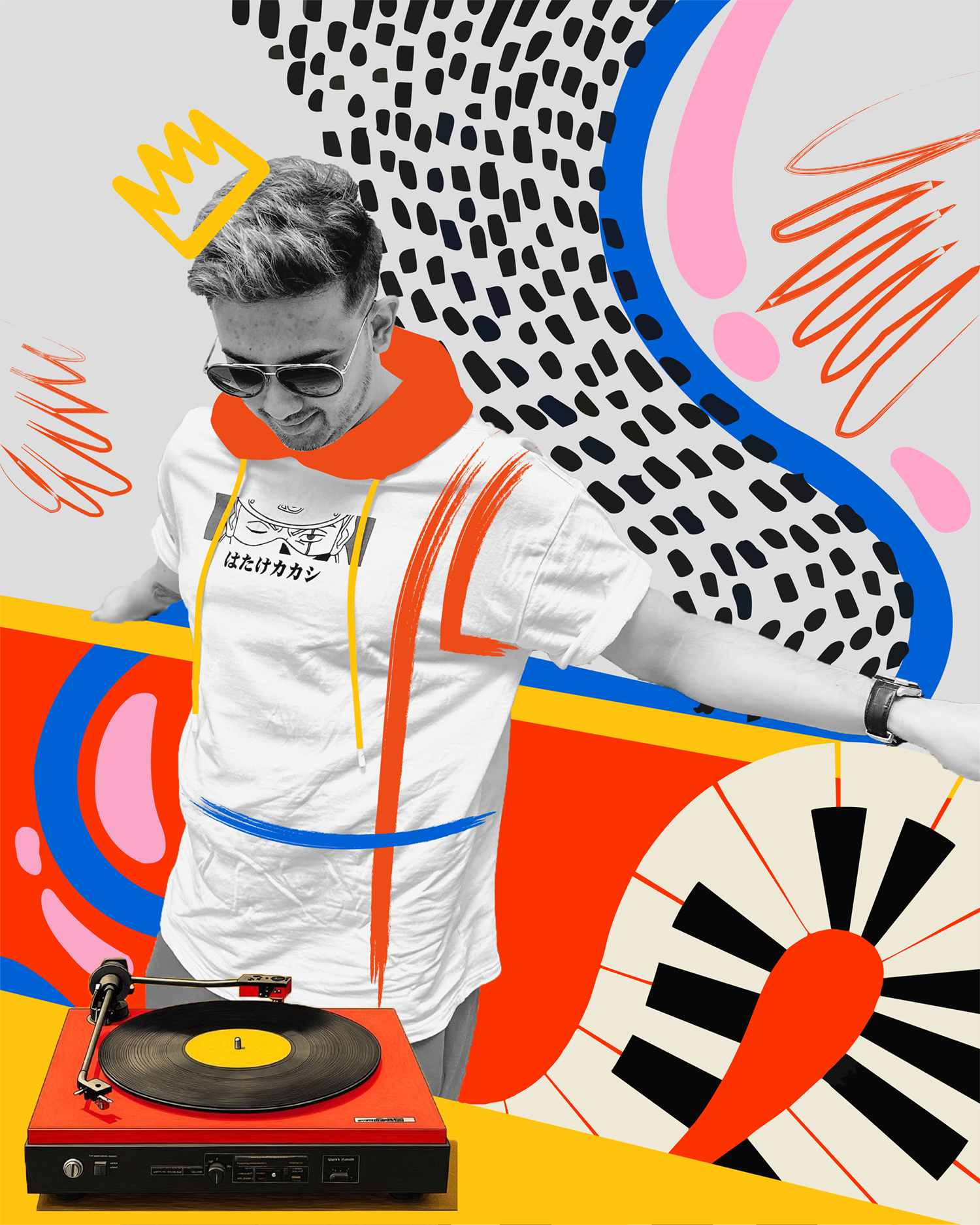 A person wearing sunglasses and a white t-shirt with Japanese characters, standing behind a red turntable, with colorful abstract shapes and patterns in the background.