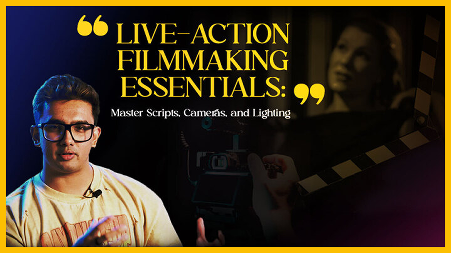 Poster promoting a filmmaking course titled 'Live-Action Filmmaking Essentials: Master Scripts, Cameras, and Lighting'. Features a young man with glasses speaking, a film camera, and a woman smiling in the background.
