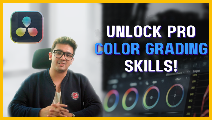 A young man with glasses sitting at a desk, with a computer screen showing color grading tools behind him. Text on the image says 'Unlock Pro Color Grading Skills!' and an icon of a color palette is in the top left corner.