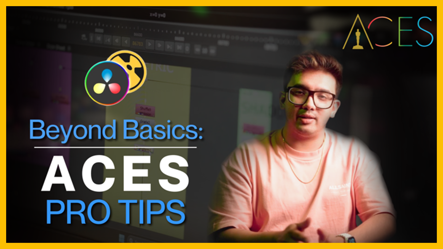 A person wearing glasses and a pink shirt sitting in front of a computer screen with editing software open. The image features the logo of ACES and text that reads 'Beyond Basics: ACES PRO TIPS'.
